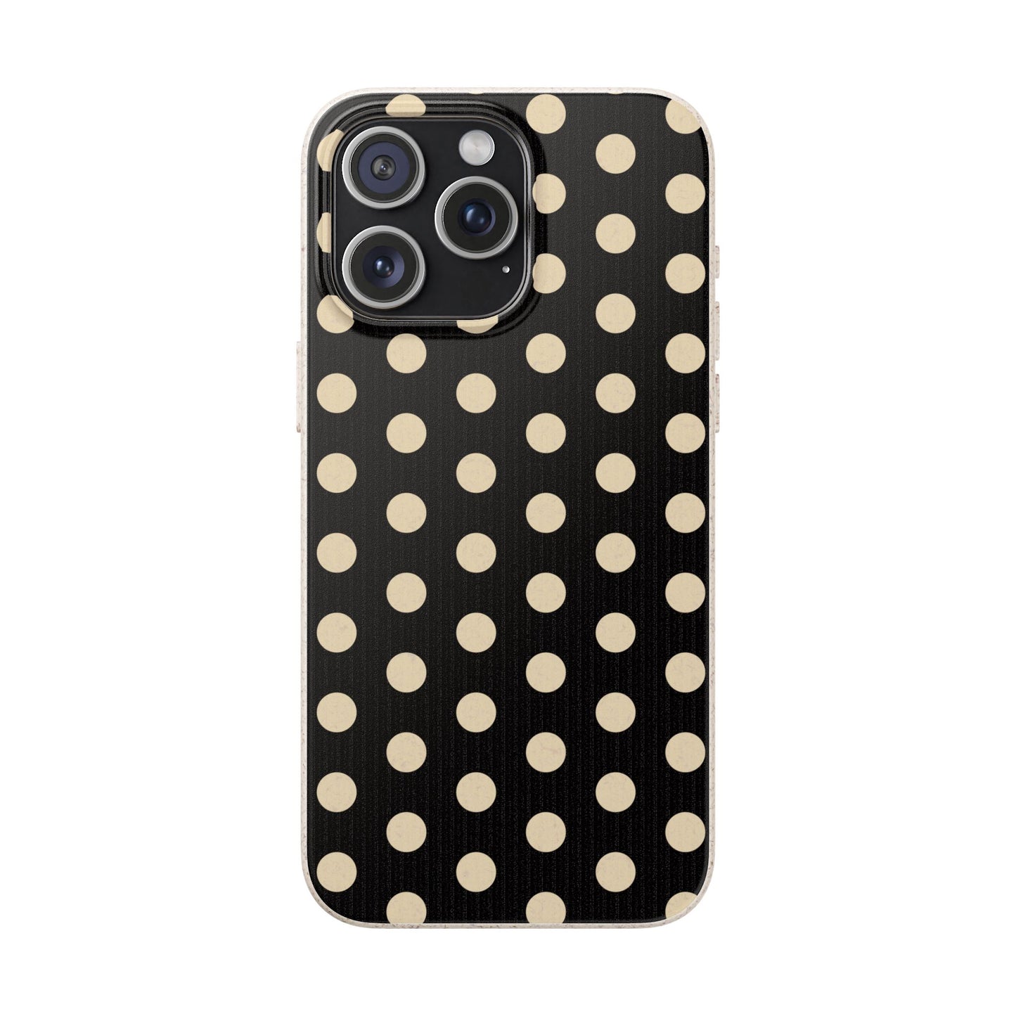 Eco-Friendly Black & Cream Polka Dot Pattern Biodegradable Phone Case for Apple iPhone and Samsung Galaxy.
