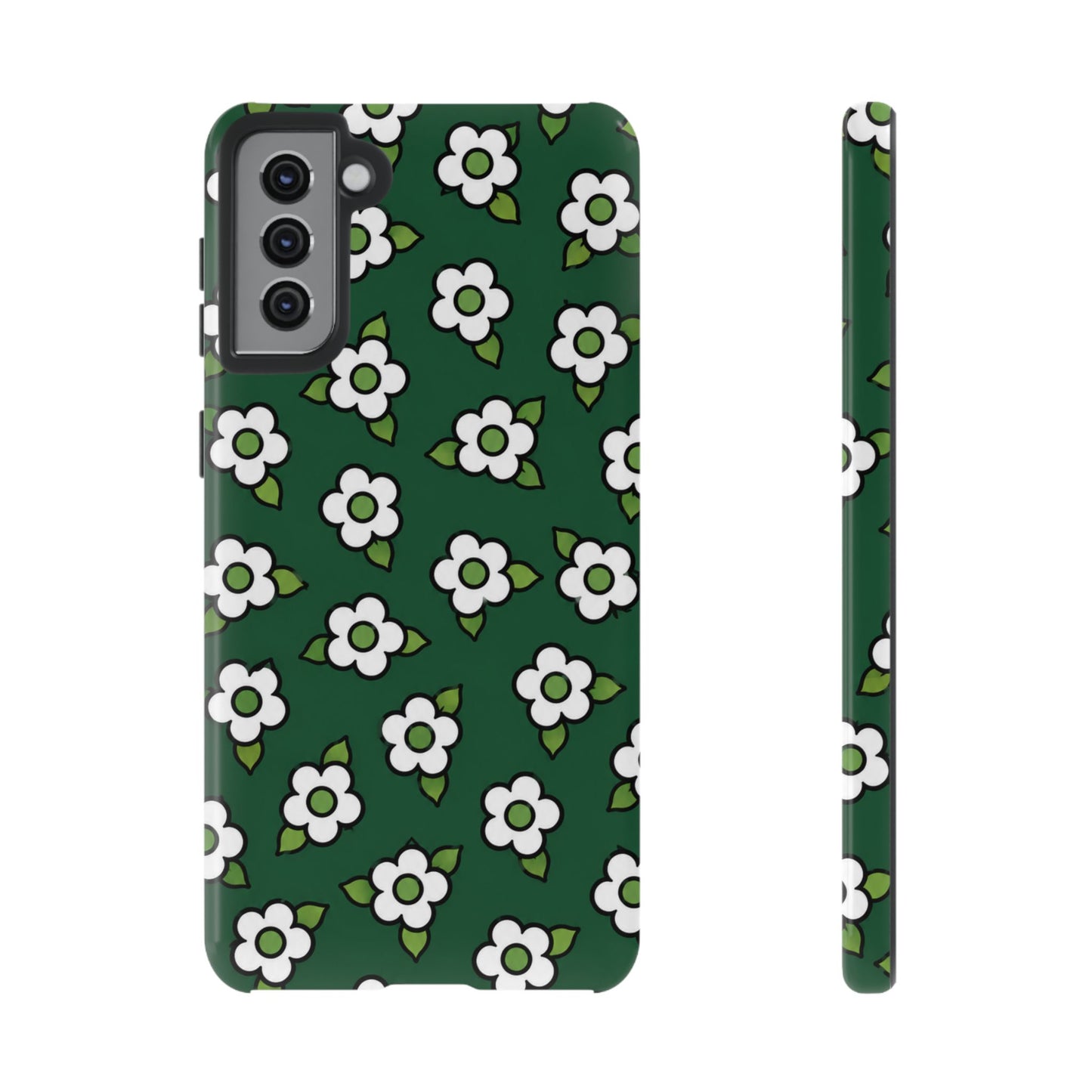 Floral Tough Case — Green White Daisy Protective Phone Cover