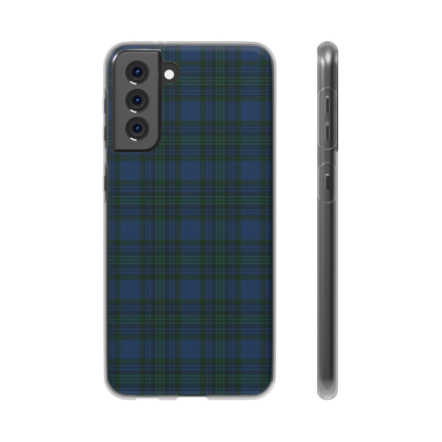 Navy green tartan phone case with flexible plaid design, slim shock-absorbing TPU, semi-transparent matte finish
