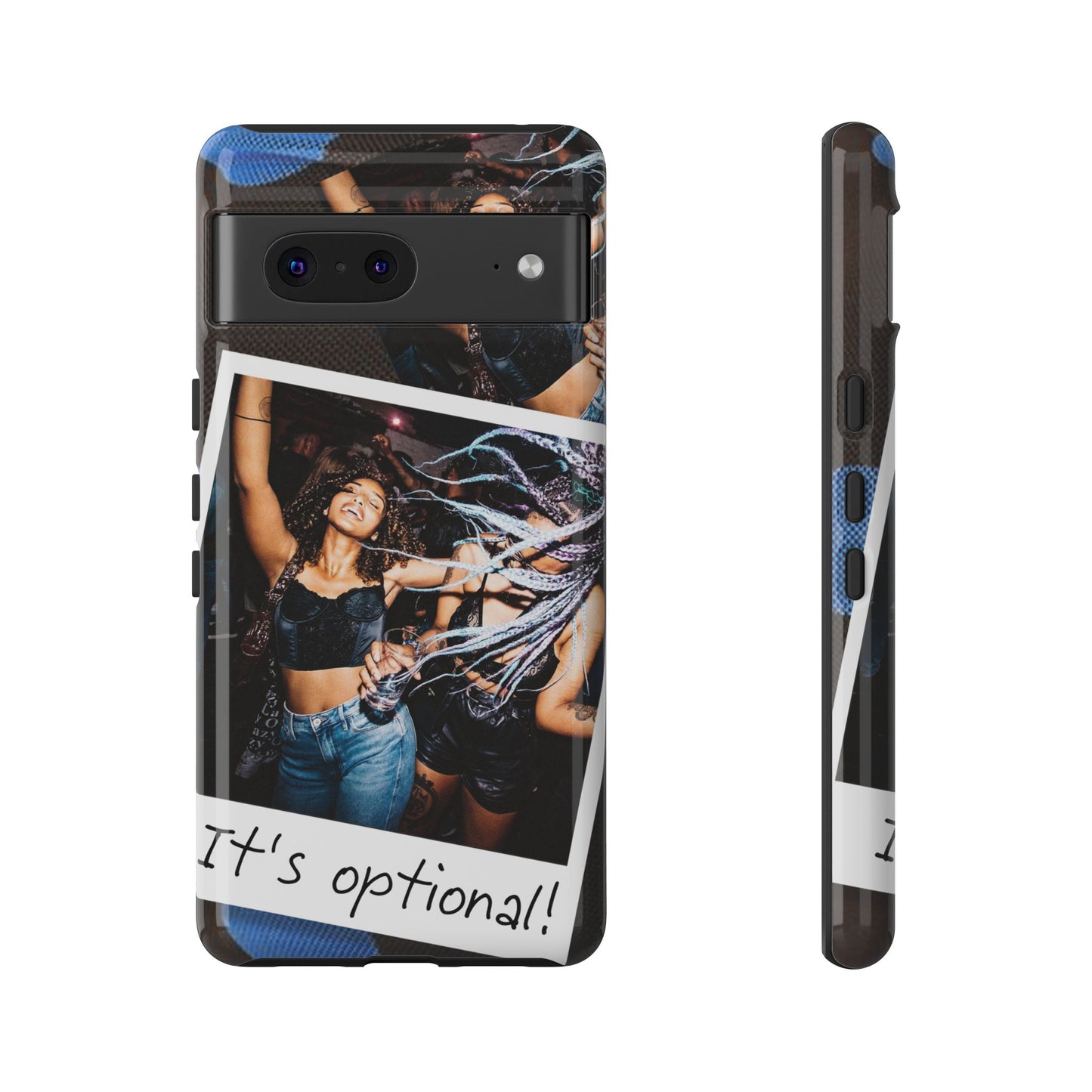 Two Image Personalised Polaroid Photo on Blue Polka Dot Protective Tough Case for Apple iPhone, Samsung Galaxy and Google Pixel.