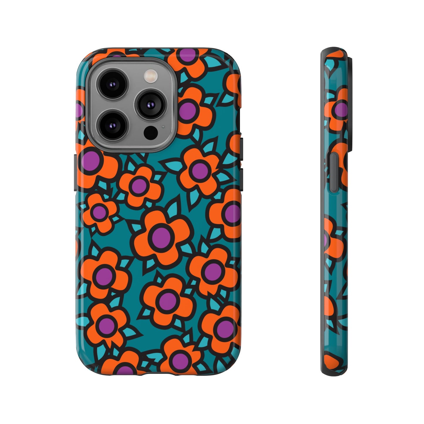 Floral Pop Tough Phone Case — Retro Orange & Teal Flower Pattern