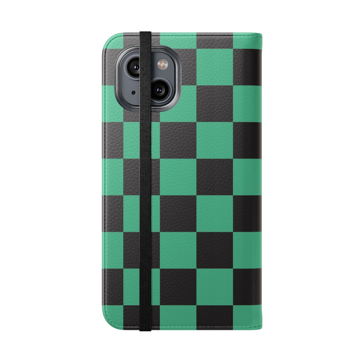 Tanjiro Chequered Flip Phone Case — Black and Green Chequered Wallet Cover