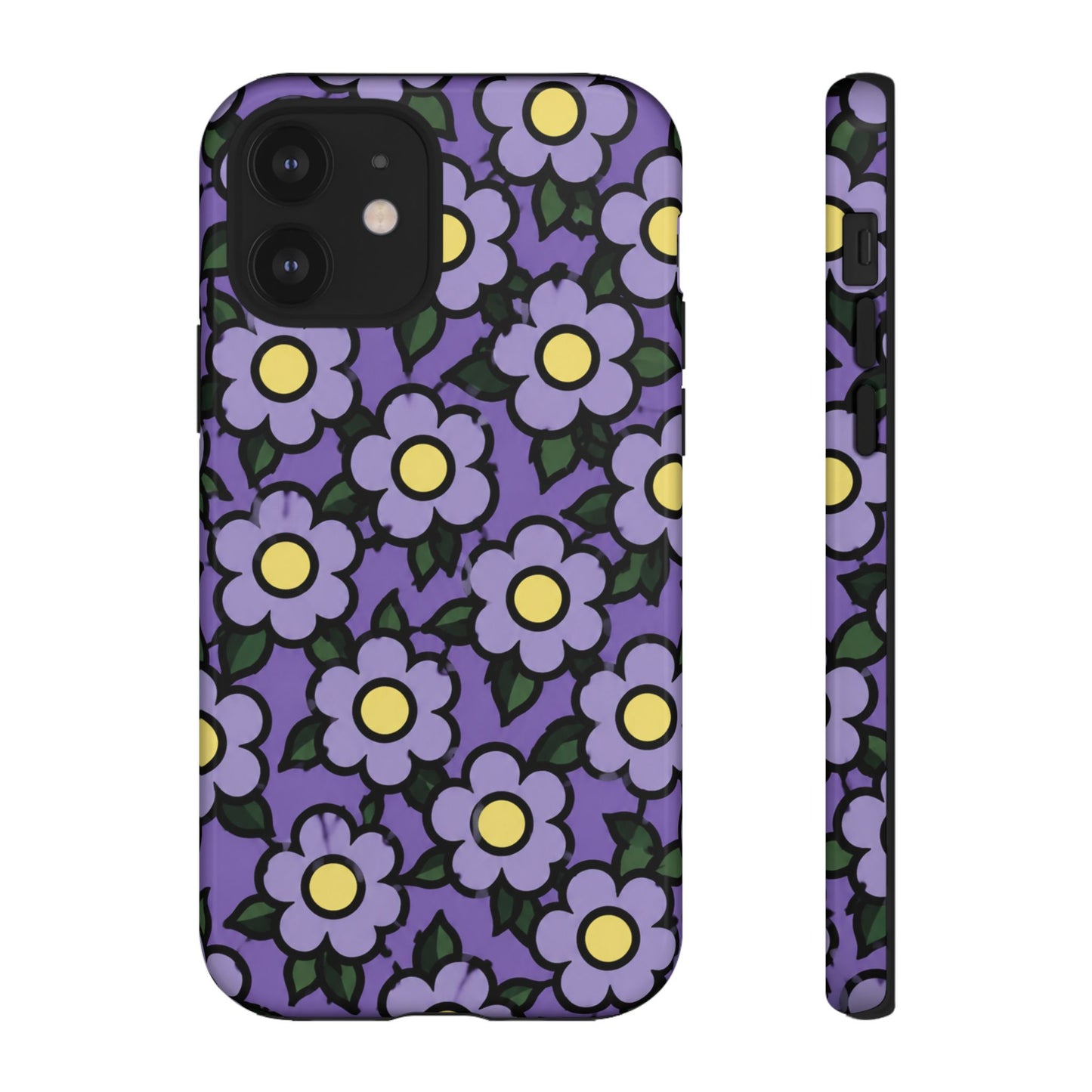 Purple Floral Tough Phone Case — Durable Protective Phone Cover with Cute Daisy Pattern