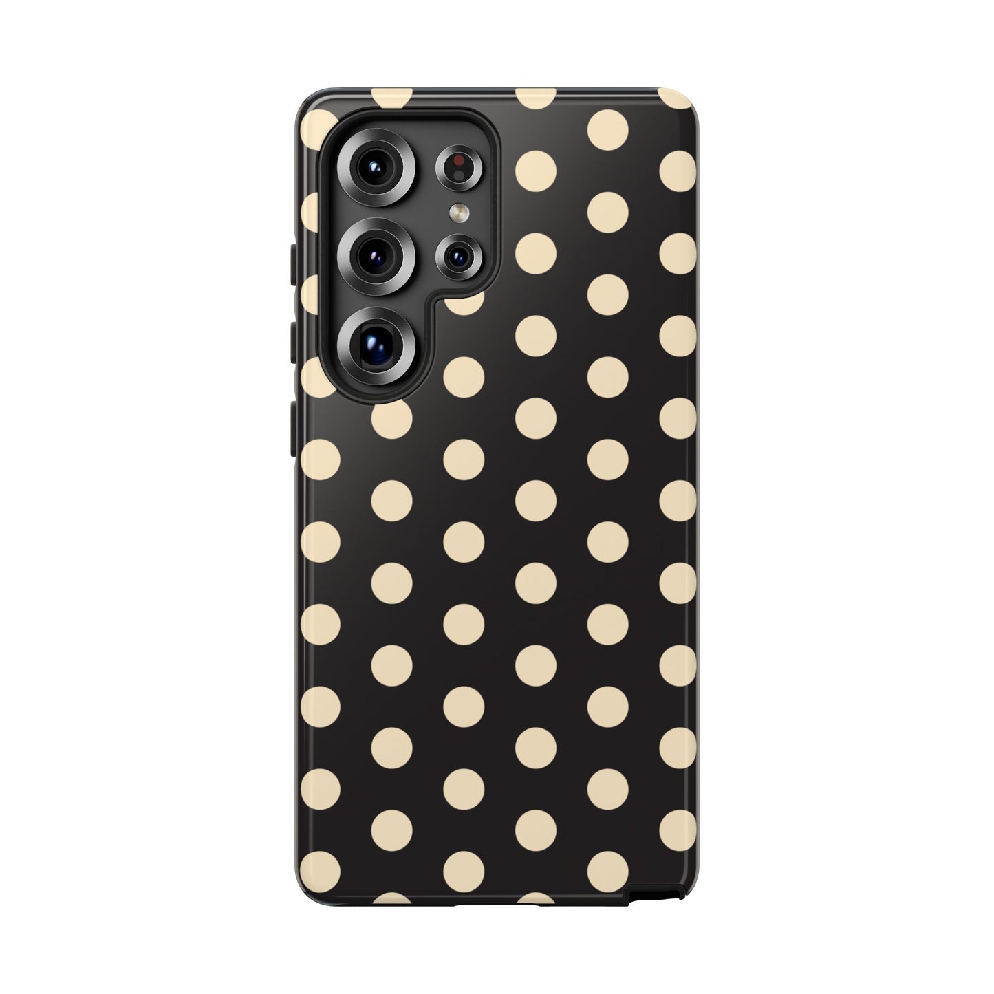 Polka Dot Tough Phone Case — Black with Cream Dots, Protective Slim Phone Cover