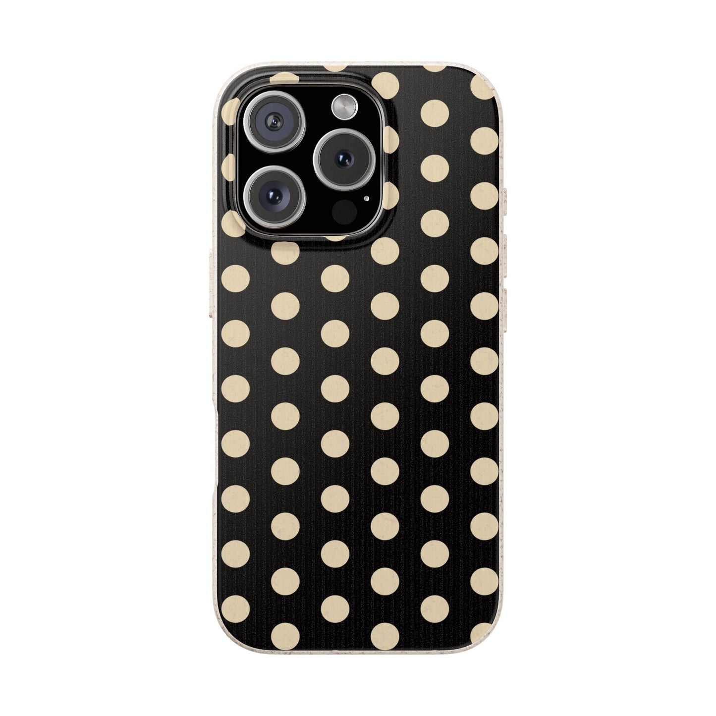 Eco-Friendly Black & Cream Polka Dot Pattern Biodegradable Phone Case for Apple iPhone and Samsung Galaxy.