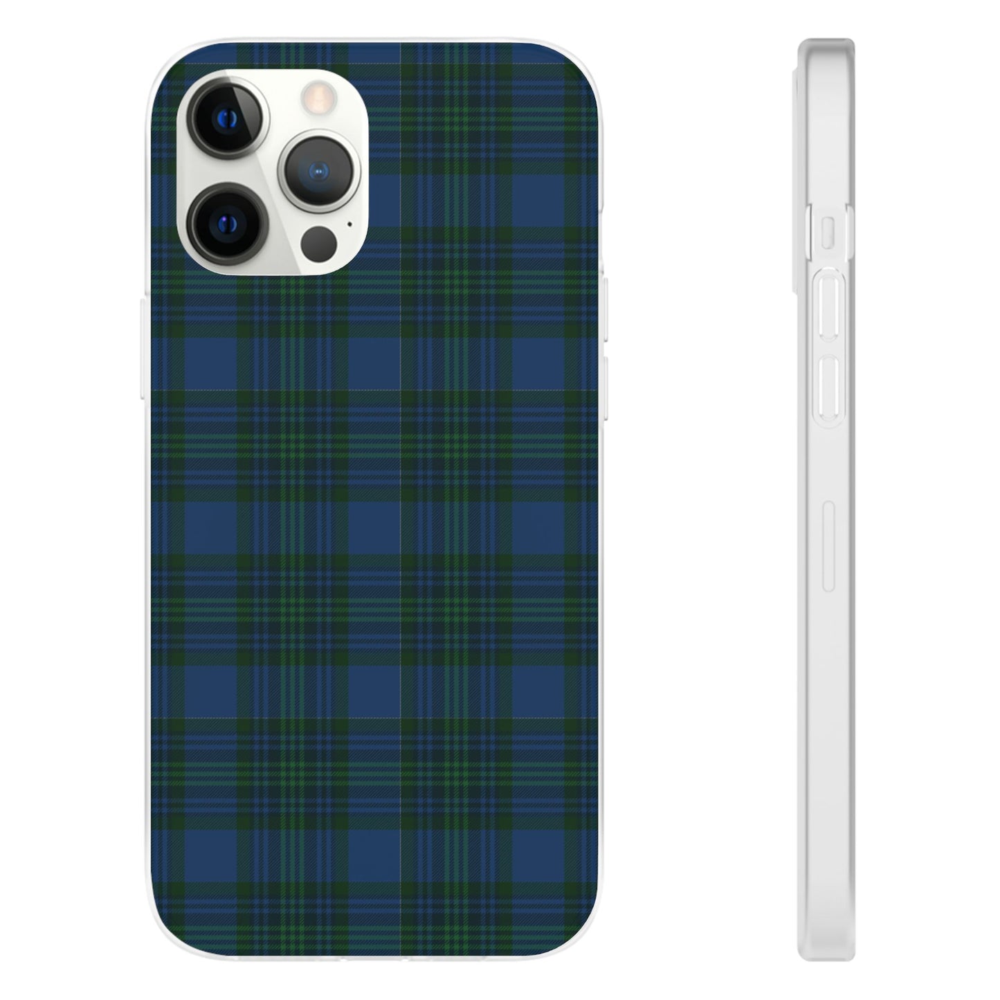 Navy green tartan phone case with flexible plaid design, slim shock-absorbing TPU, semi-transparent matte finish