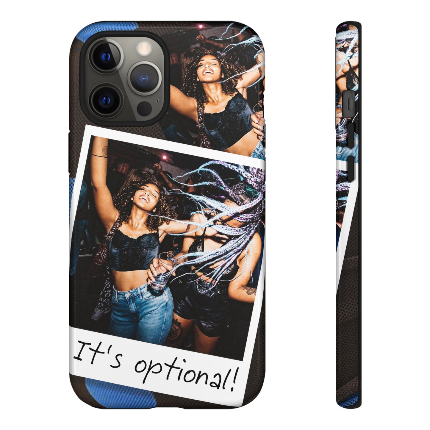Two Image Personalised Polaroid Photo on Blue Polka Dot Protective Tough Case for Apple iPhone, Samsung Galaxy and Google Pixel.