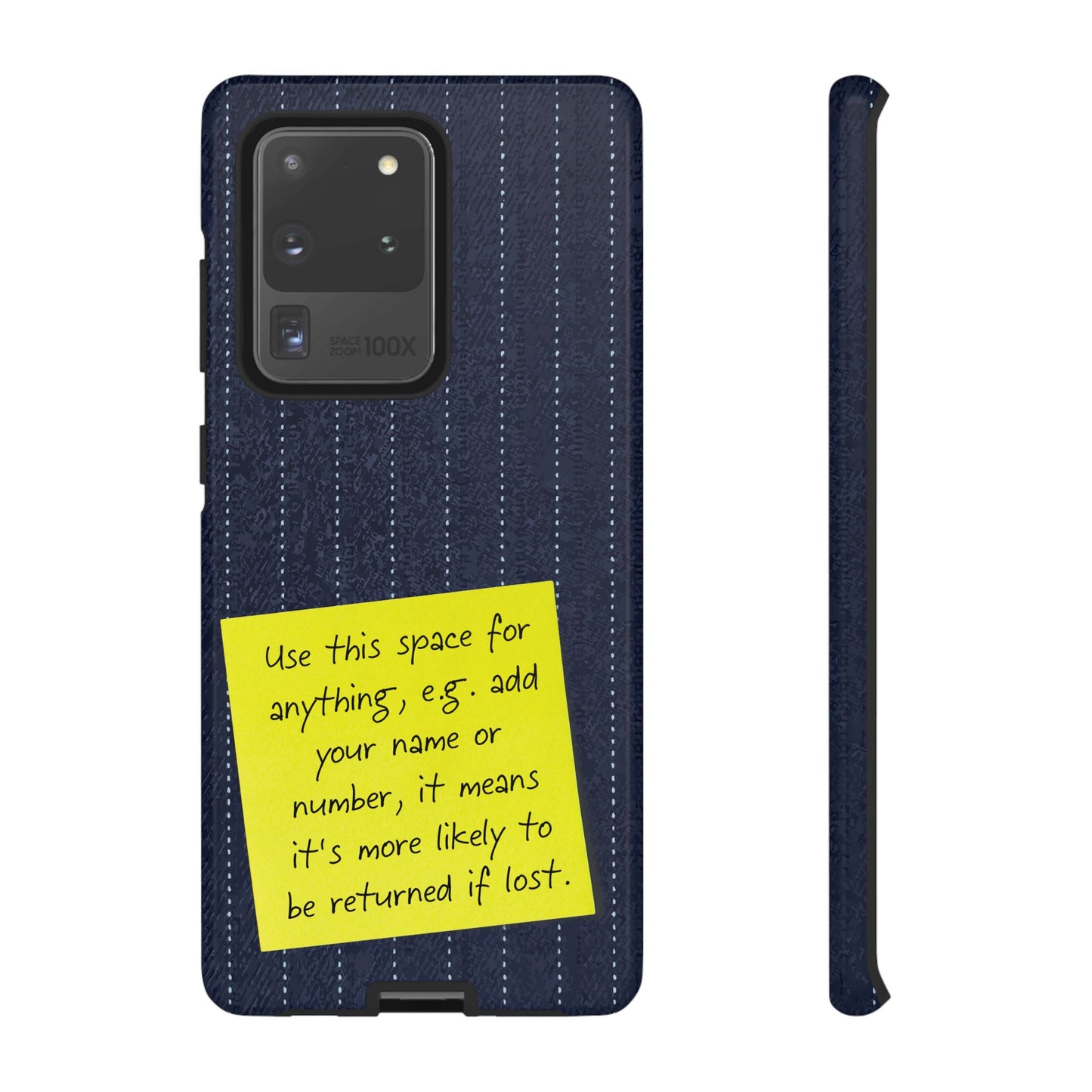Navy Pinstripe Design with Yellow Sticky Note Personalised Tough Phone Case for Apple iPhone, Samsung Galaxy and Google Pixel.
