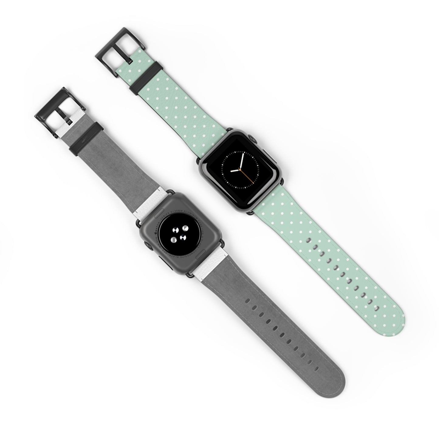 Mint polka dot watch band in pastel green, cute apple watch band for women, soft faux leather strap with white stars