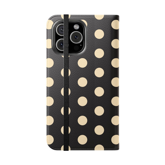 Polka Dot Flip Phone Case – Retro Black & Cream Wallet Cover