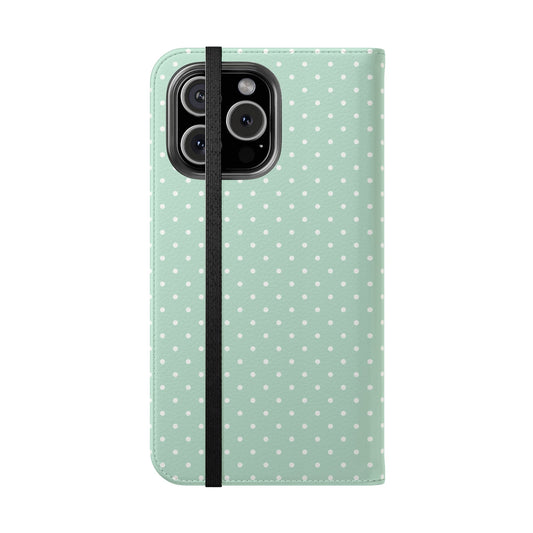 Polka Dot Flip Phone Case — Pastel Green-White Polka Dot Wallet Cover