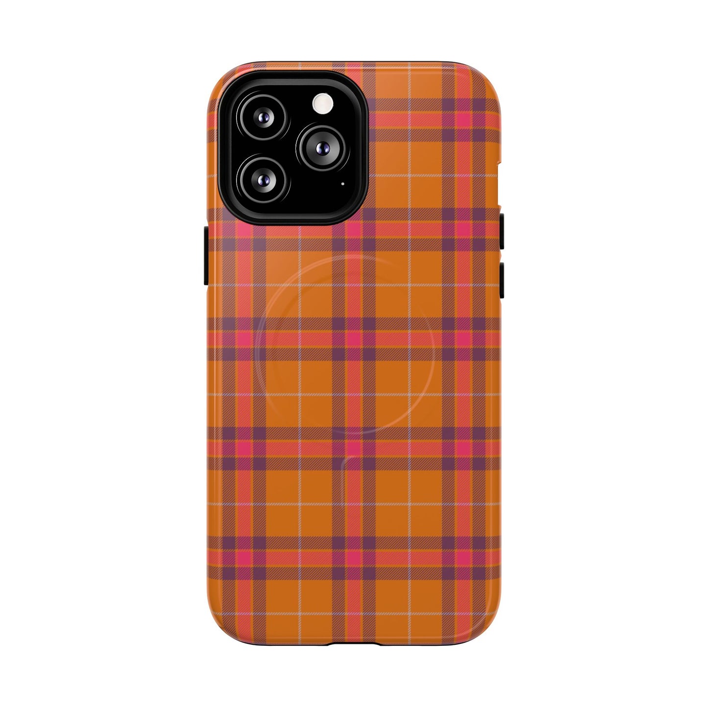 Tartan Magnetic Phone Case — Orange and Red Plaid Tough Protective MagSafe Case