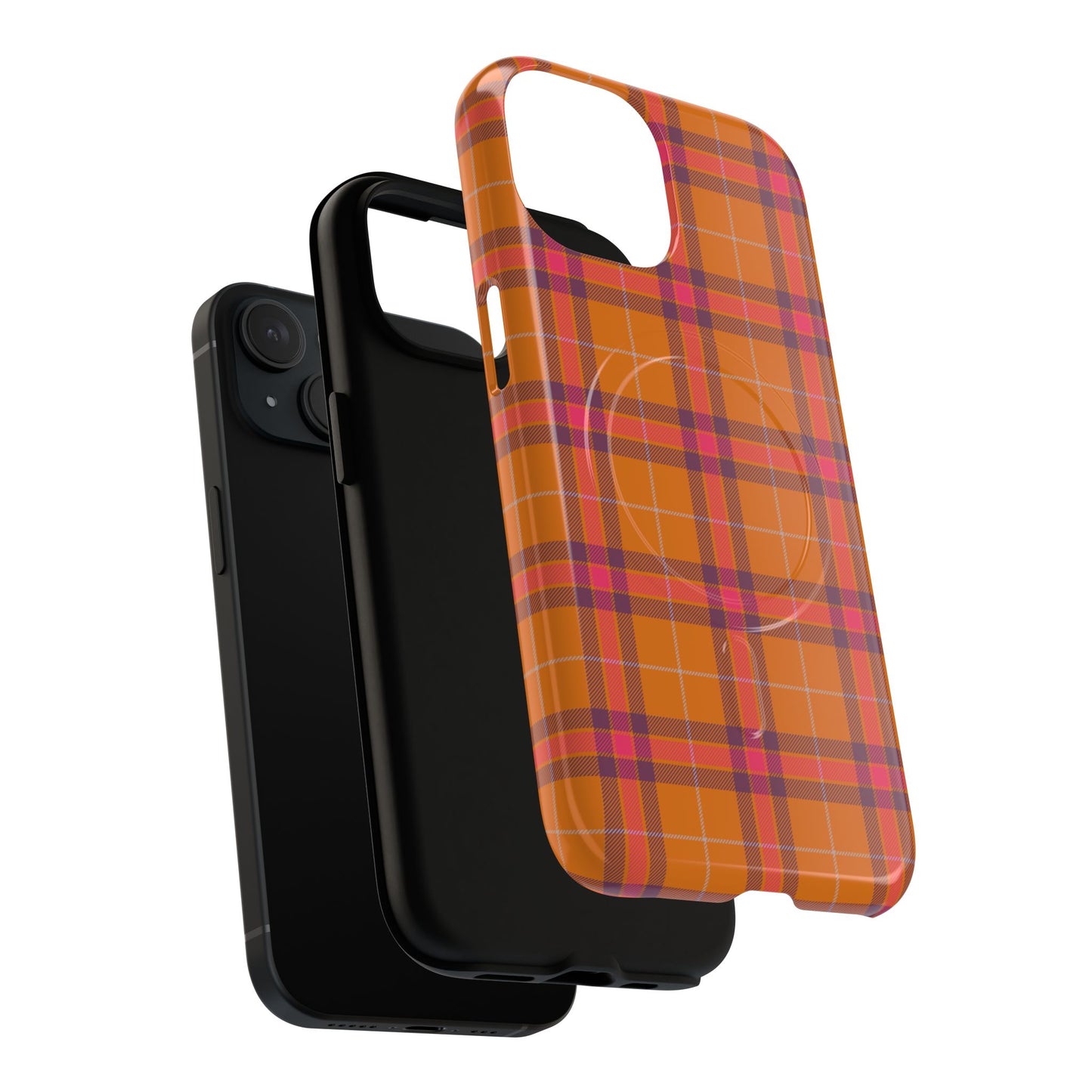 Tartan Magnetic Phone Case — Orange and Red Plaid Tough Protective MagSafe Case