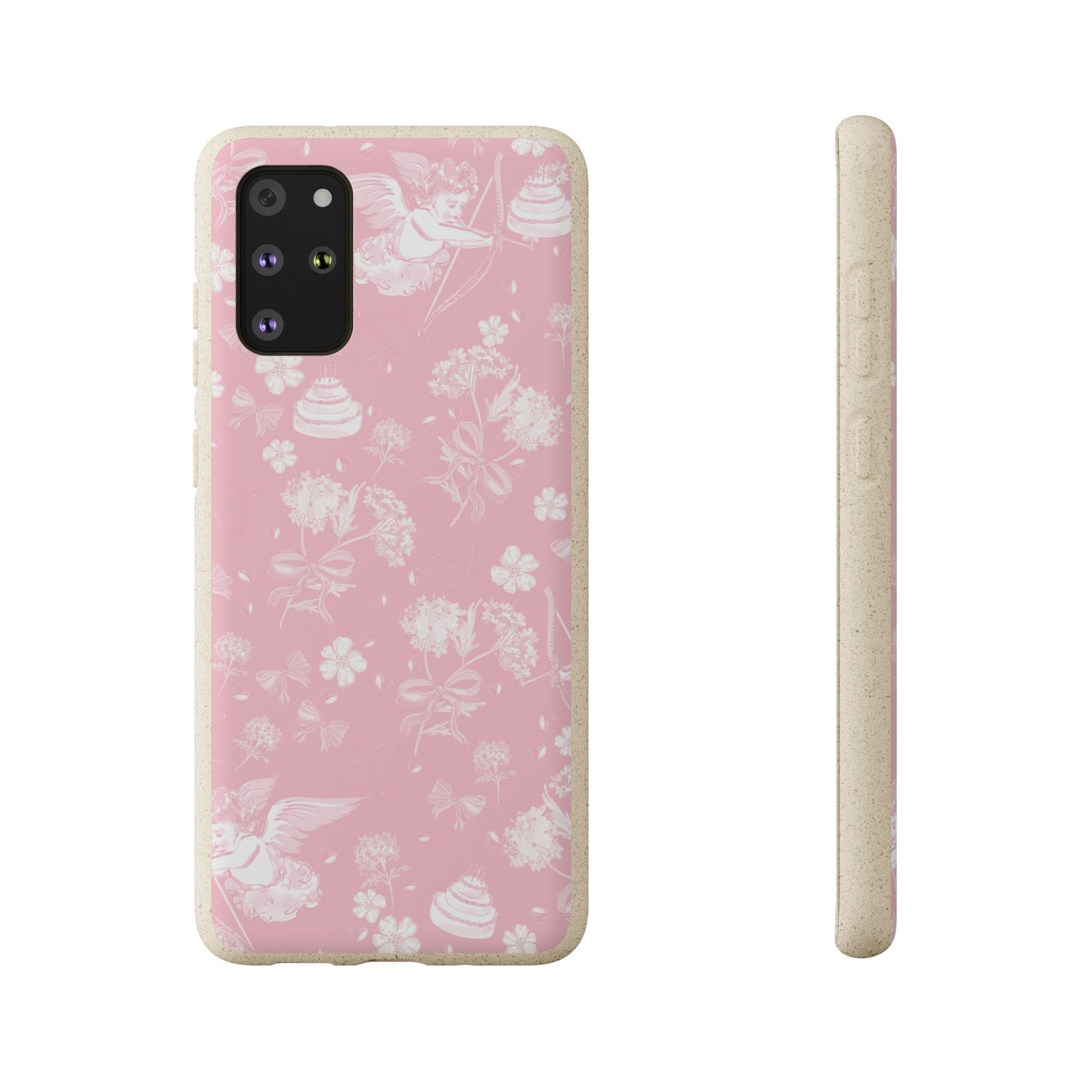 Pink Floral Cherub Biodegradable Phone Case for Apple iPhone and Samsung Galaxy.