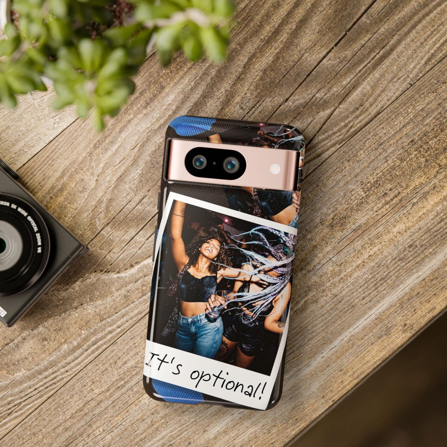 Two Image Personalised Polaroid Photo on Blue Polka Dot Protective Tough Case for Apple iPhone, Samsung Galaxy and Google Pixel.