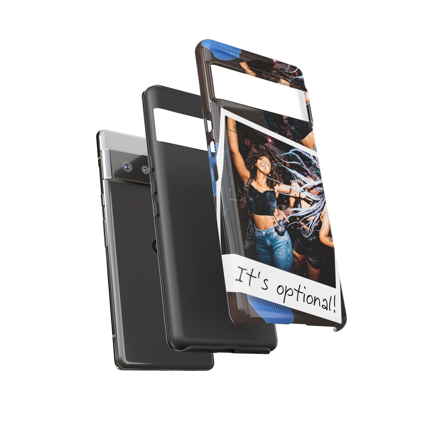 Two Image Personalised Polaroid Photo on Blue Polka Dot Protective Tough Case for Apple iPhone, Samsung Galaxy and Google Pixel.