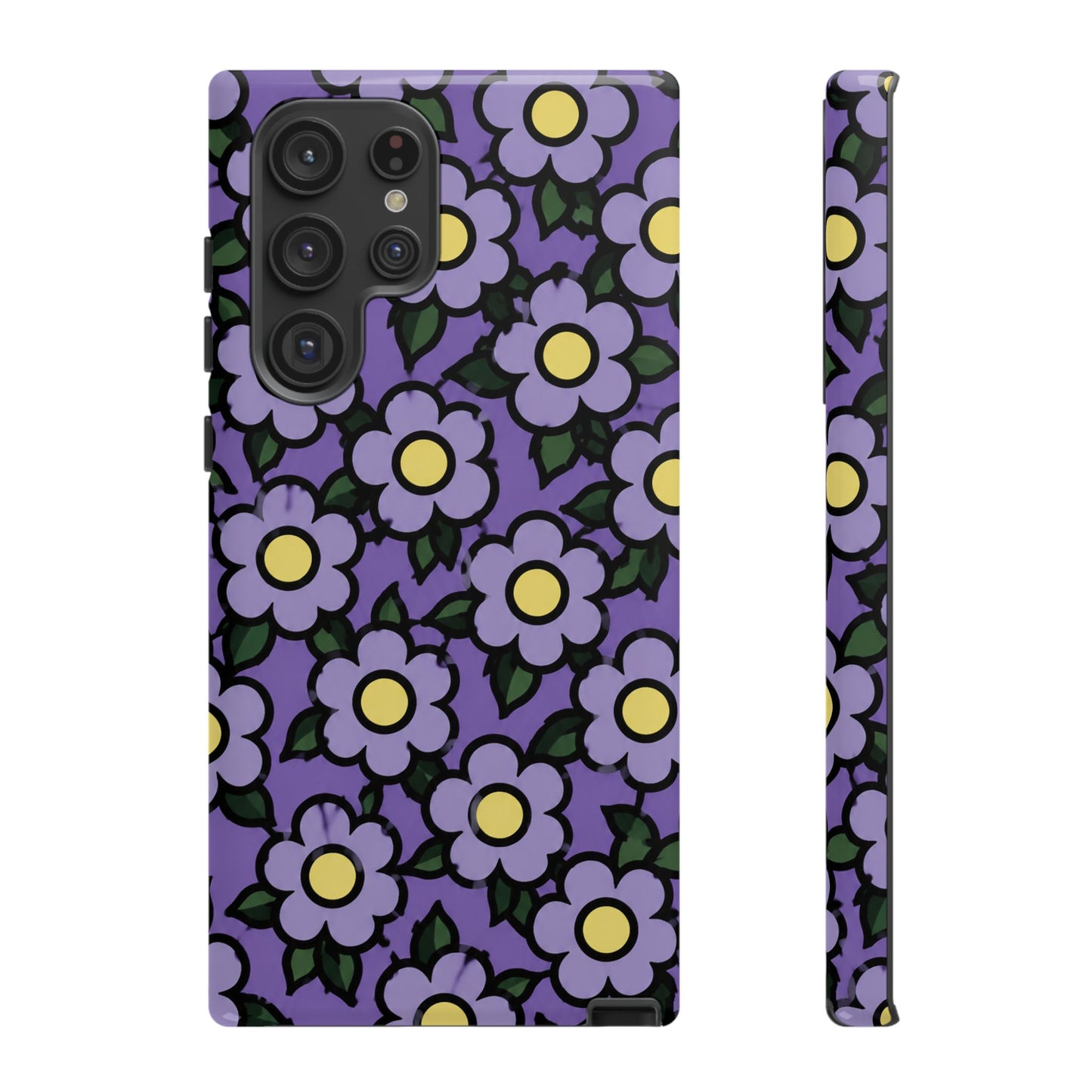 Purple Floral Tough Phone Case — Durable Protective Phone Cover with Cute Daisy Pattern