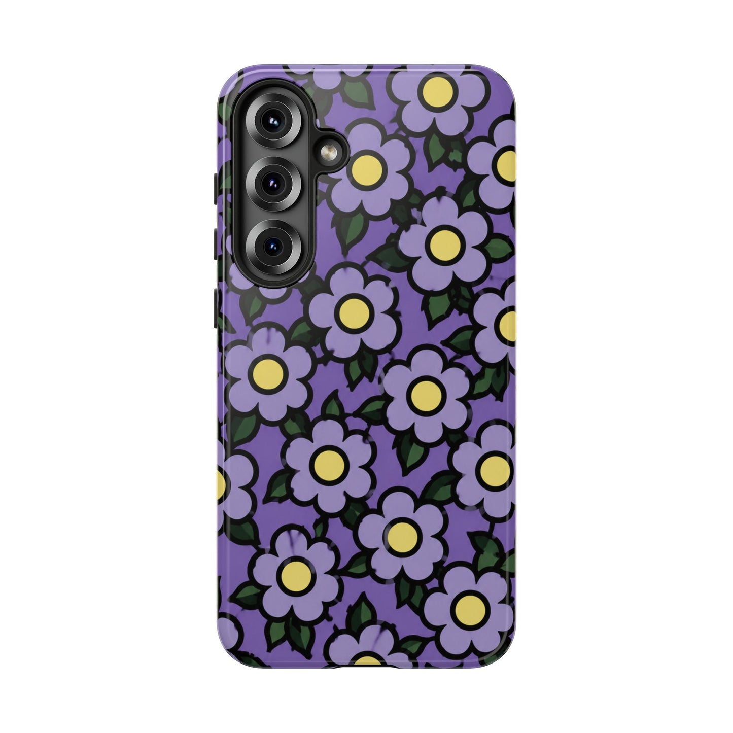 Purple Floral Tough Phone Case — Durable Protective Phone Cover with Cute Daisy Pattern