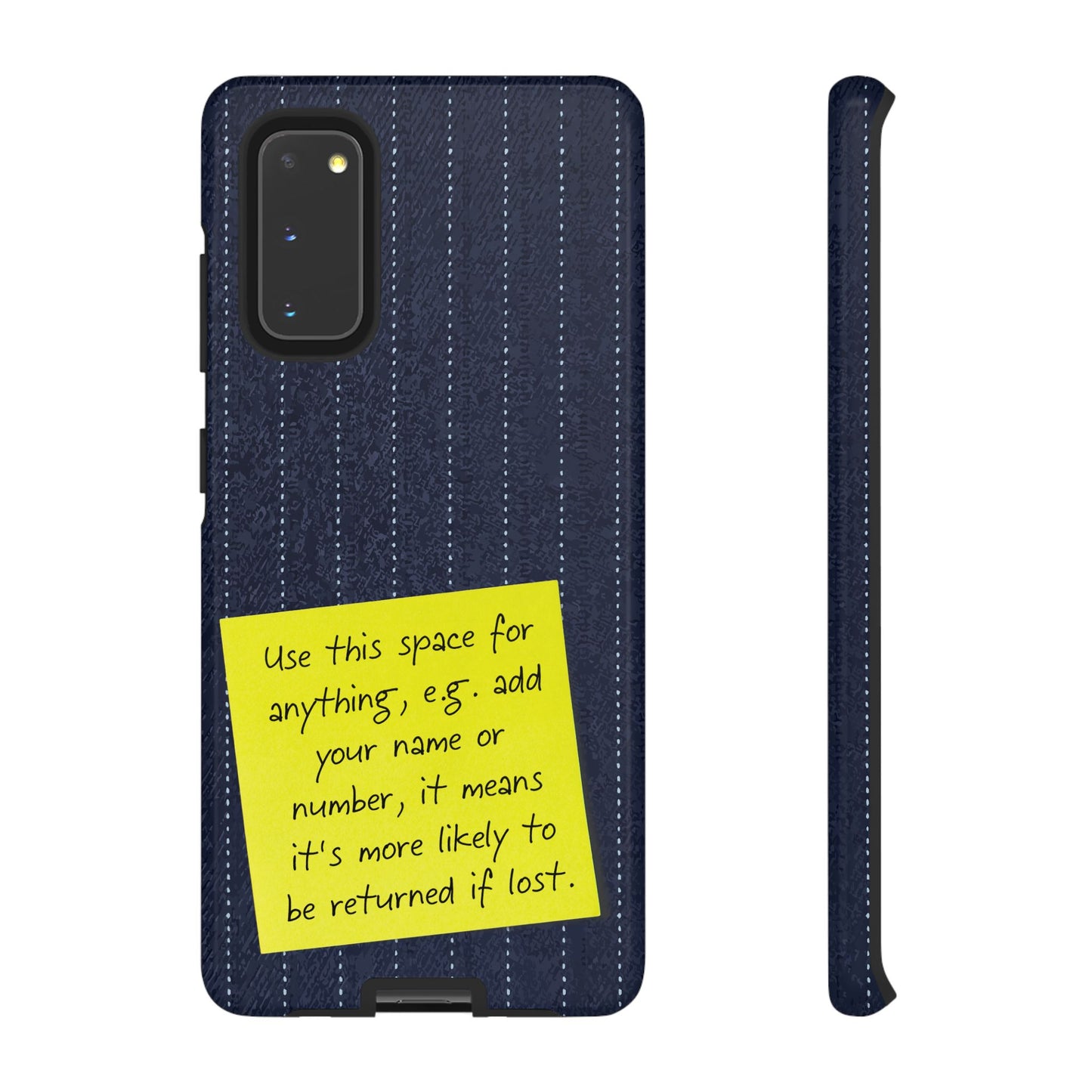 Navy Pinstripe Design with Yellow Sticky Note Personalised Tough Phone Case for Apple iPhone, Samsung Galaxy and Google Pixel.