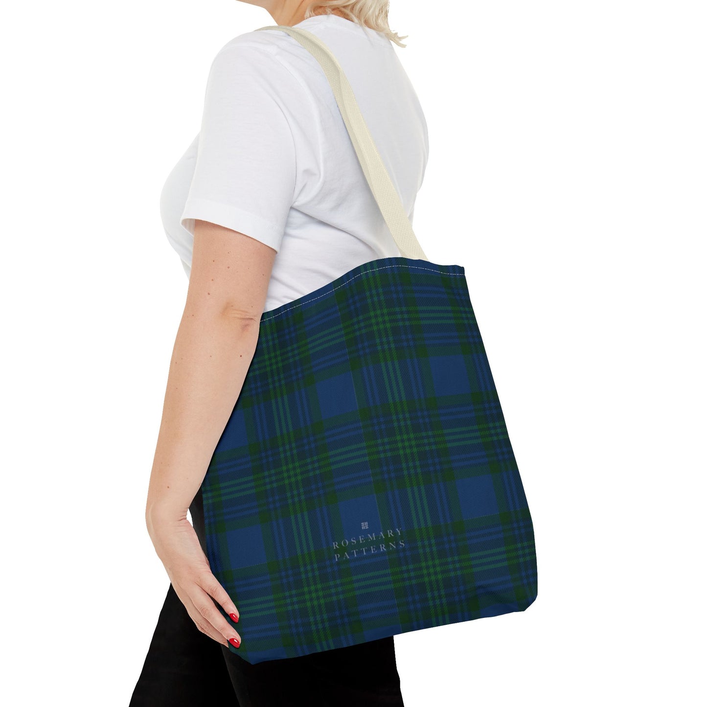 Tartan plaid tote bag in blue and green, eco friendly reusable market tote with Scottish pattern, cotton handles