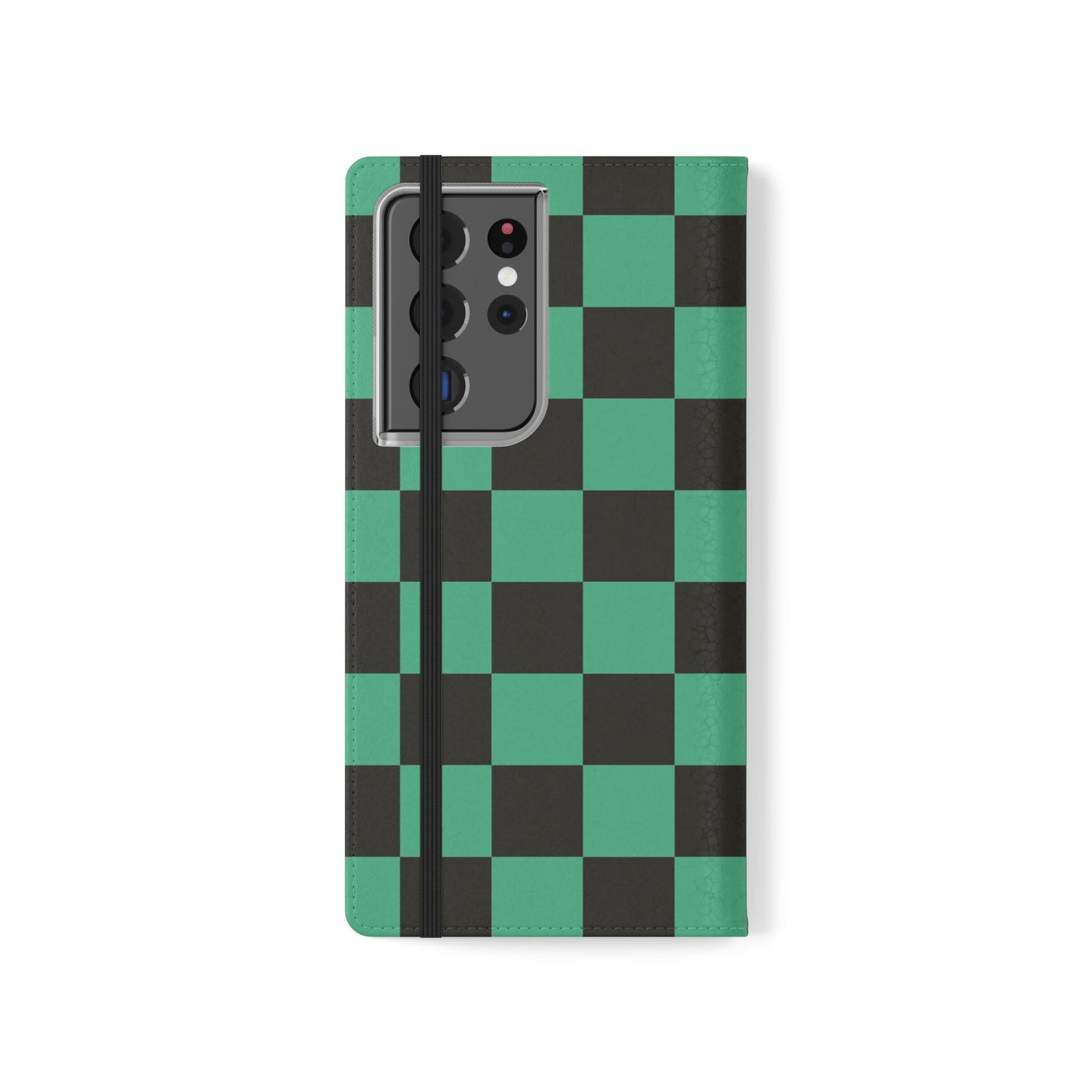 Tanjiro Chequered Flip Phone Case — Black and Green Chequered Wallet Cover