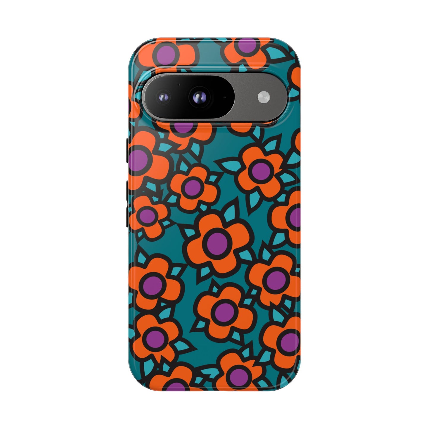 Floral Pop Tough Phone Case — Retro Orange & Teal Flower Pattern