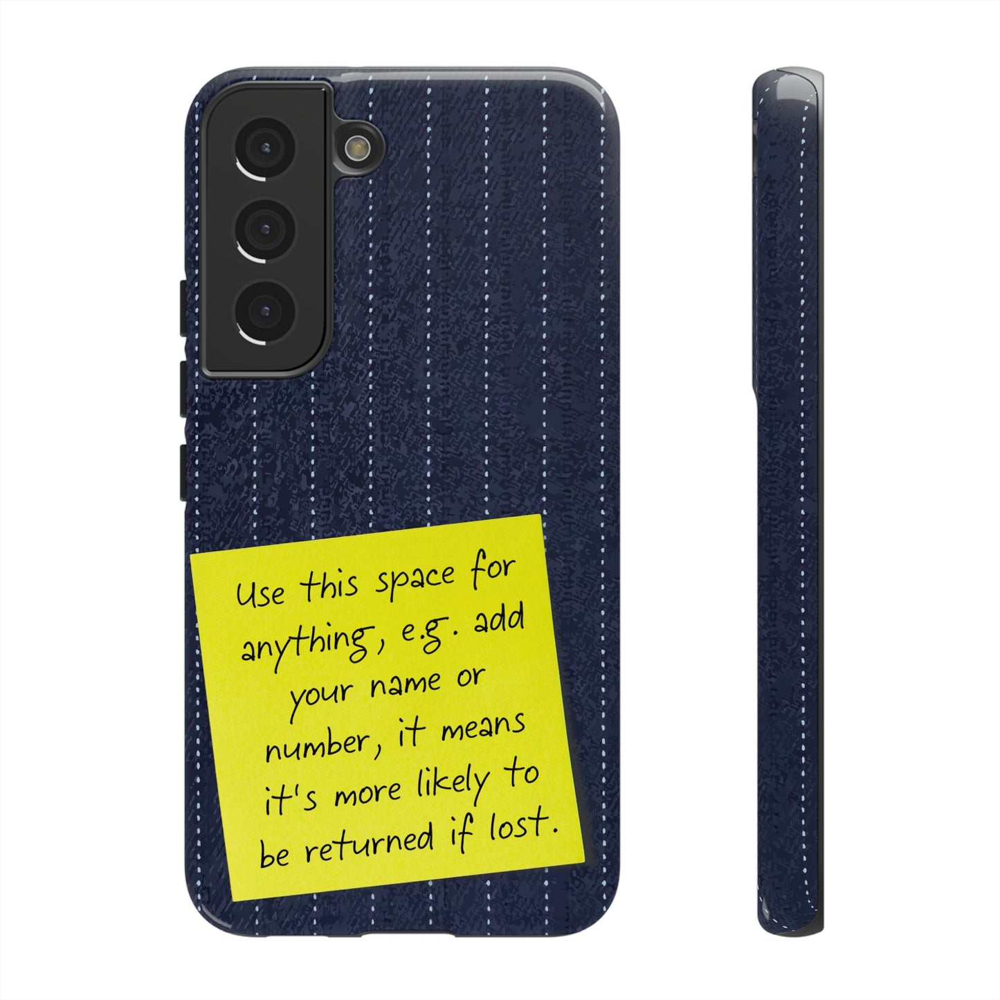 Navy Pinstripe Design with Yellow Sticky Note Personalised Tough Phone Case for Apple iPhone, Samsung Galaxy and Google Pixel.