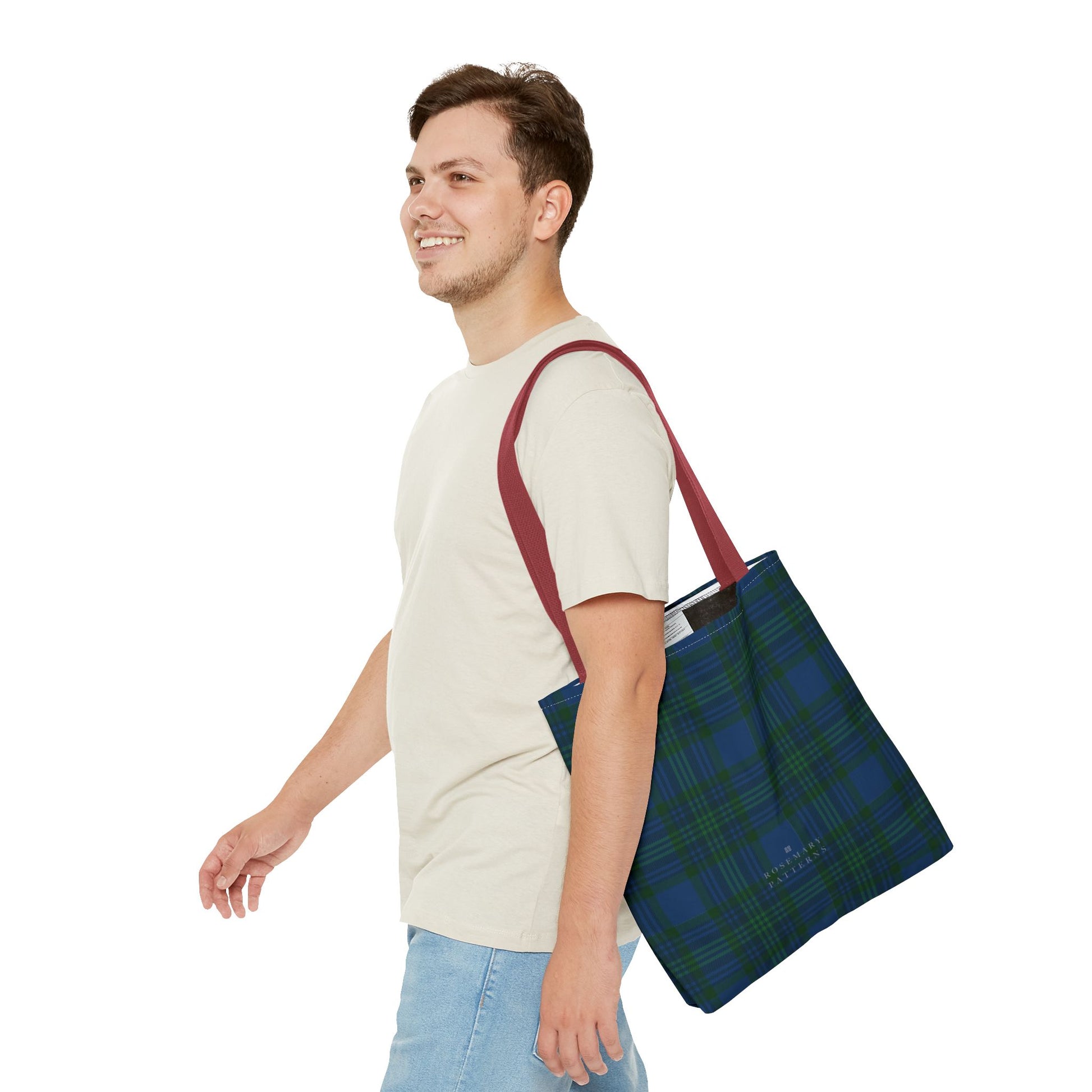 Tartan plaid tote bag in blue and green, eco friendly reusable market tote with Scottish pattern, cotton handles