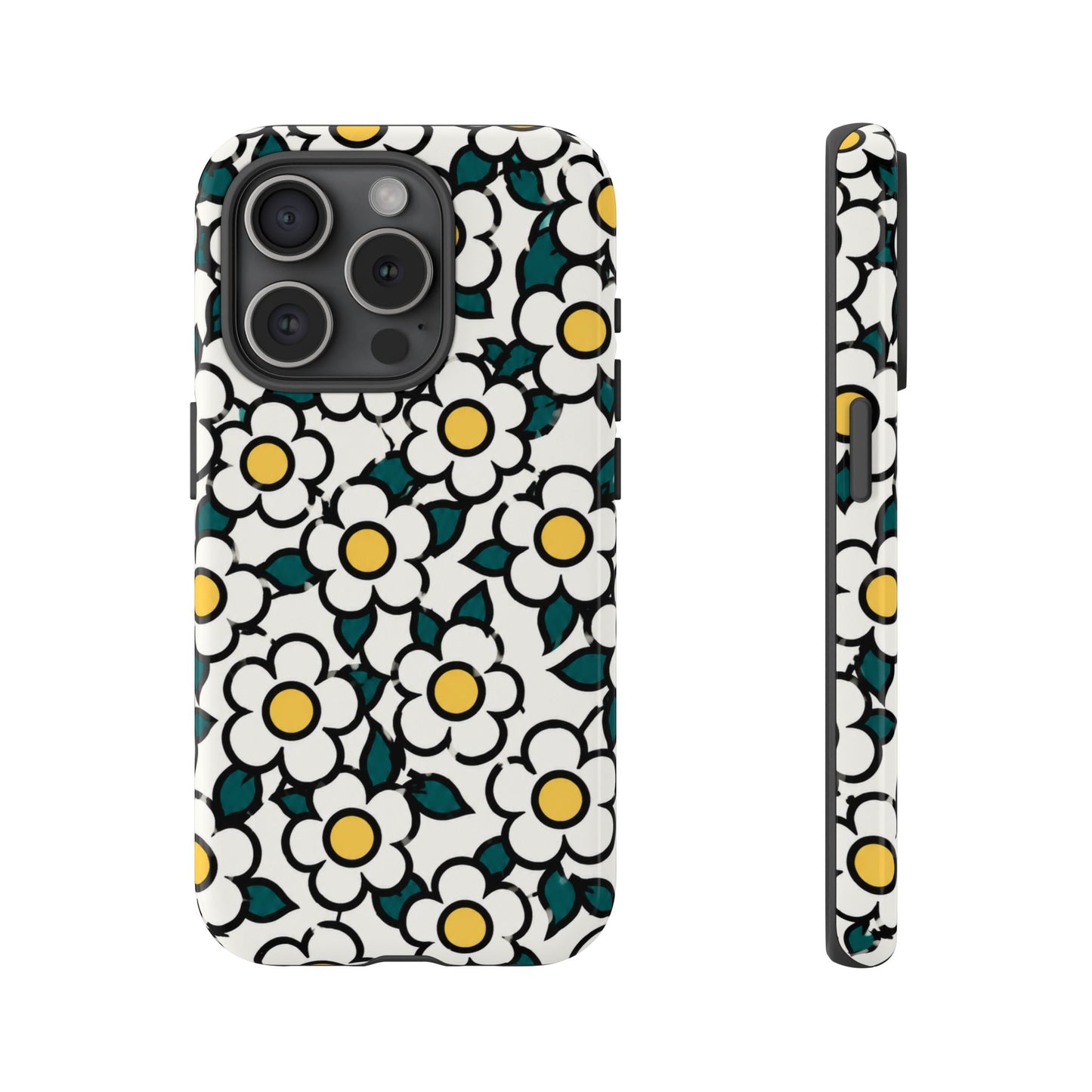 Floral Daisy Tough Phone Case — Retro White & Yellow Protective Cover