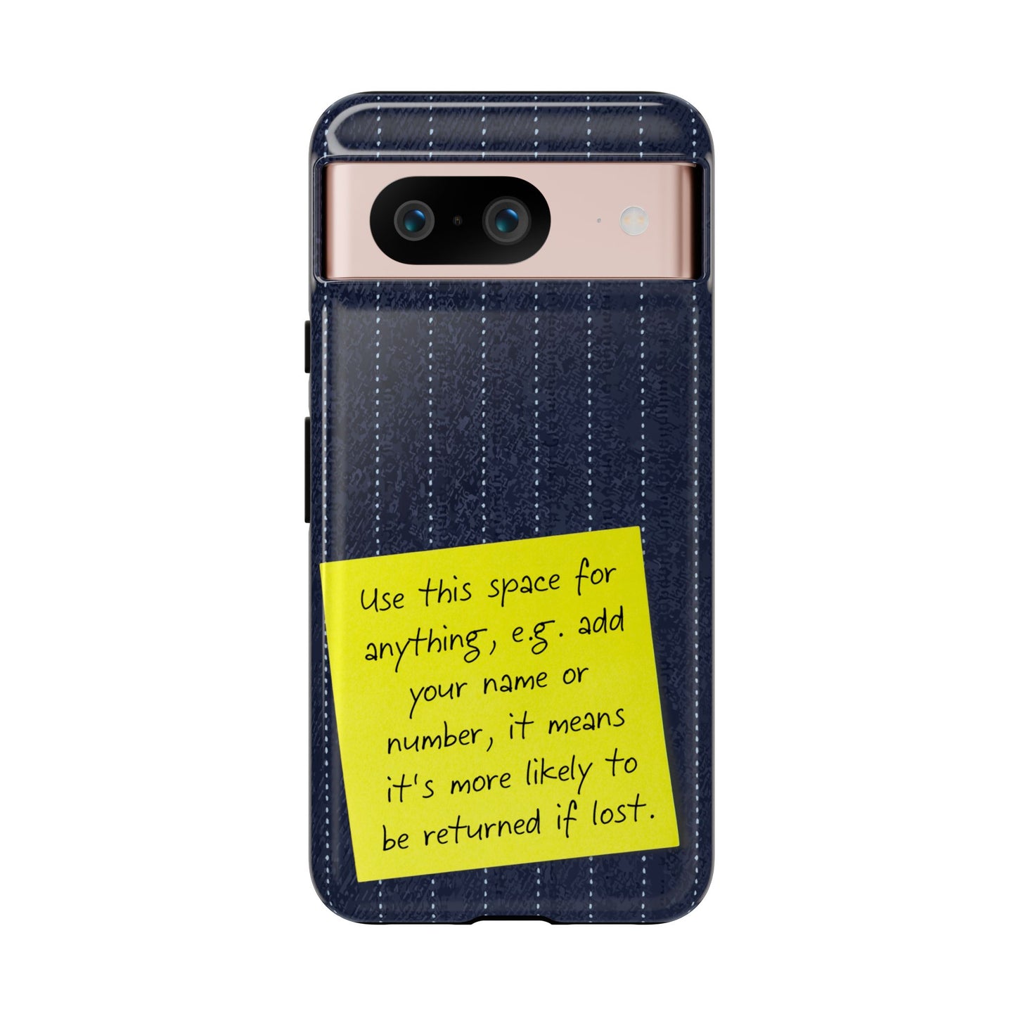 Navy Pinstripe Design with Yellow Sticky Note Personalised Tough Phone Case for Apple iPhone, Samsung Galaxy and Google Pixel.