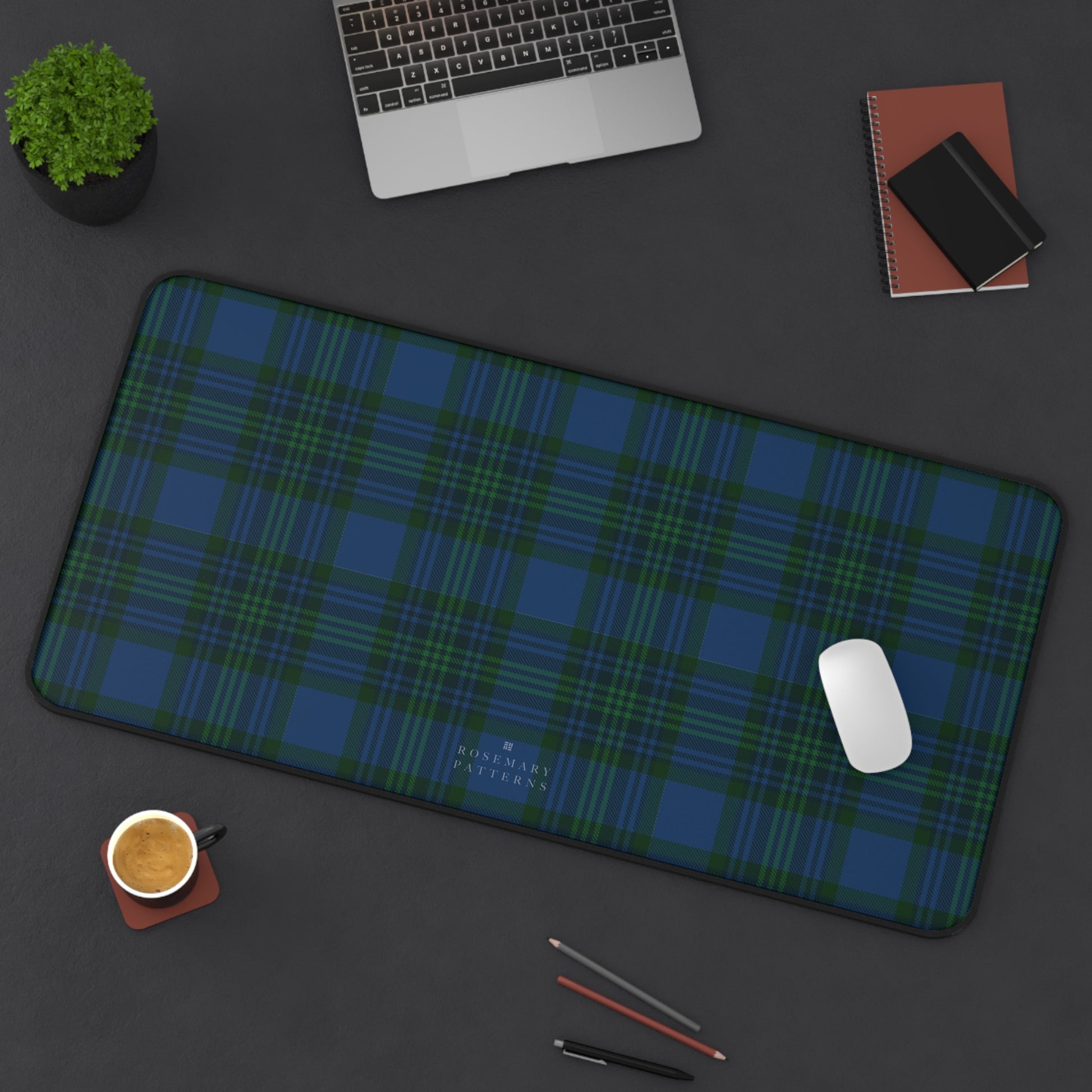 Plaid desk mat in blue green tartan, stylish computer desk mat for home office, anti-slip, hemmed edges
