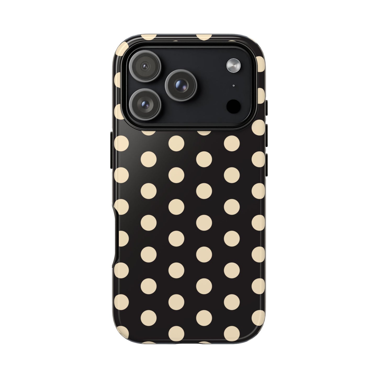 Polka Dot Tough Phone Case — Black with Cream Dots, Protective Slim Phone Cover