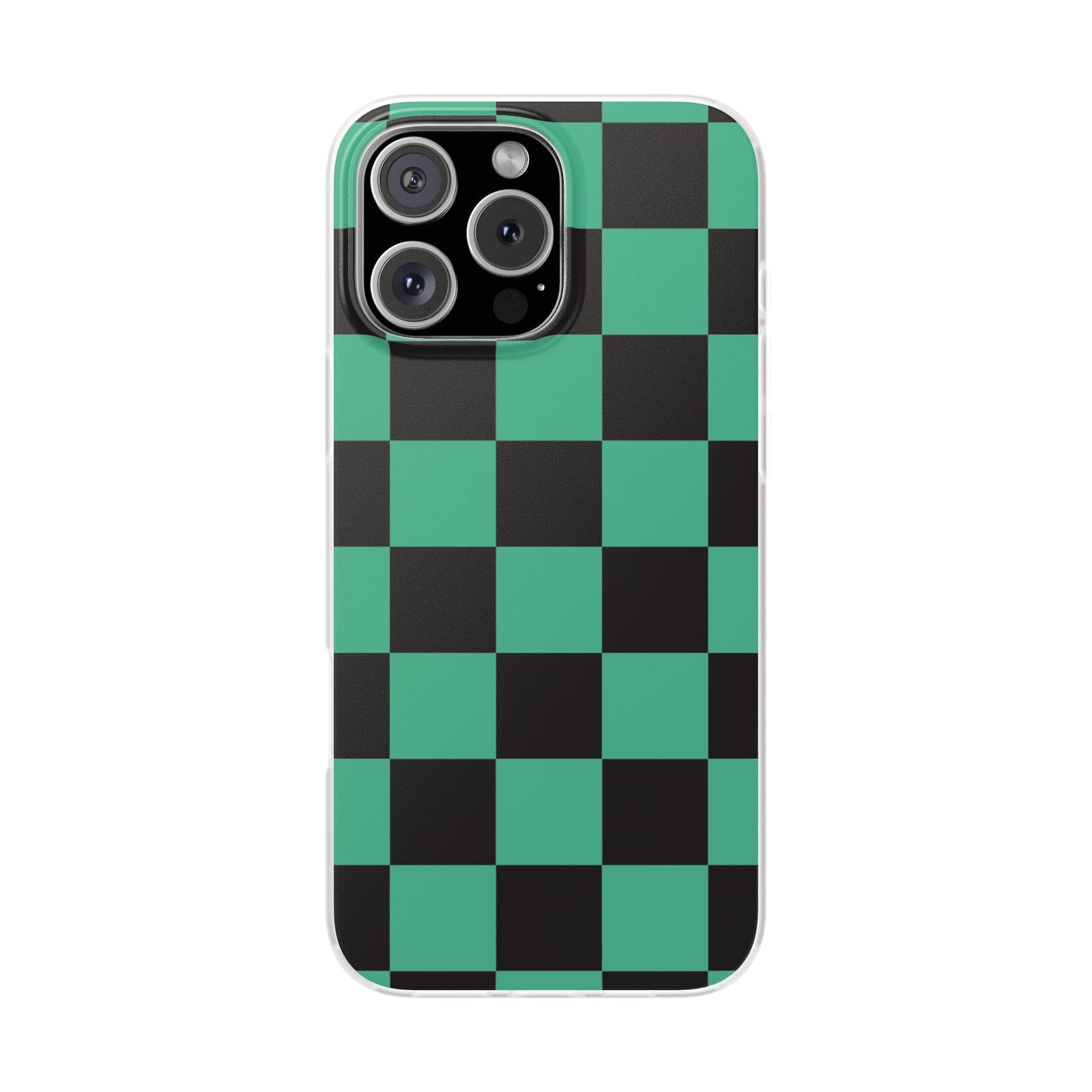 Tanjiro Checkerboard Green and Black Flexi Phone Case for Apple iPhone and Samsung Galaxy.