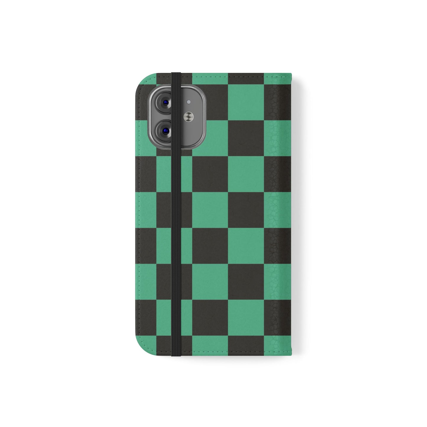 Tanjiro Chequered Flip Phone Case — Black and Green Chequered Wallet Cover