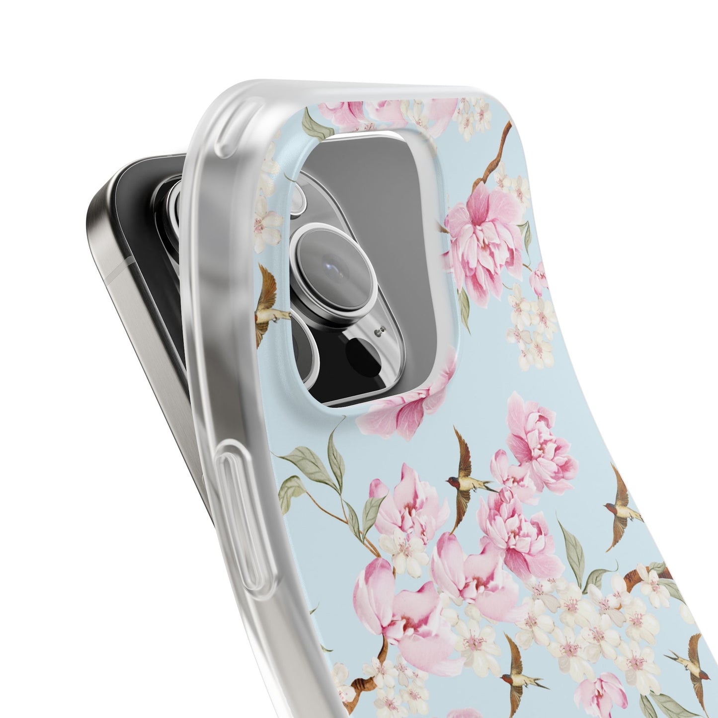 Floral Cherry Blossom Flexi Phone Case - Pink Blossoms on Sky Blue Flexible Case for Apple iPhone, Samsung Galaxy.