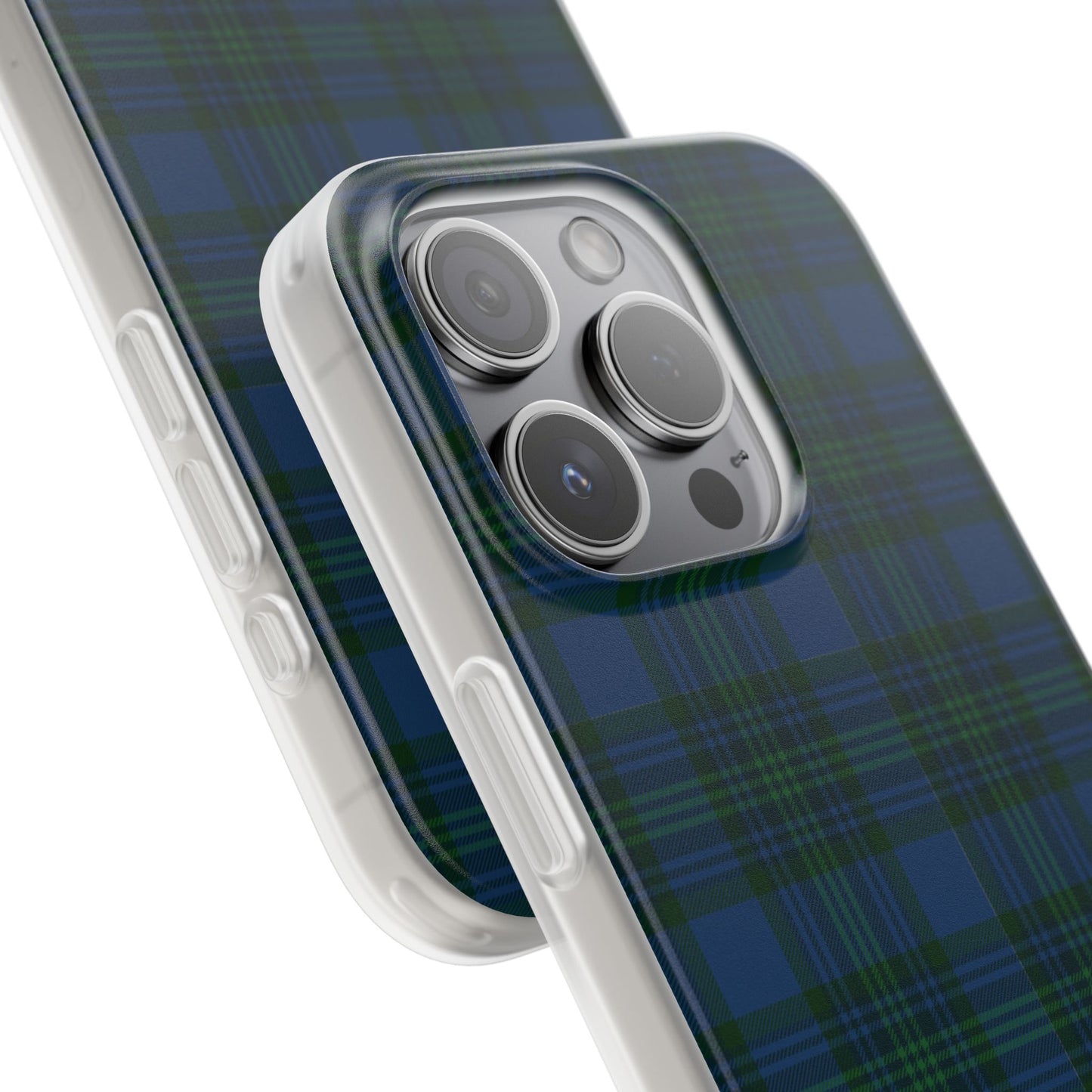 Navy green tartan phone case with flexible plaid design, slim shock-absorbing TPU, semi-transparent matte finish