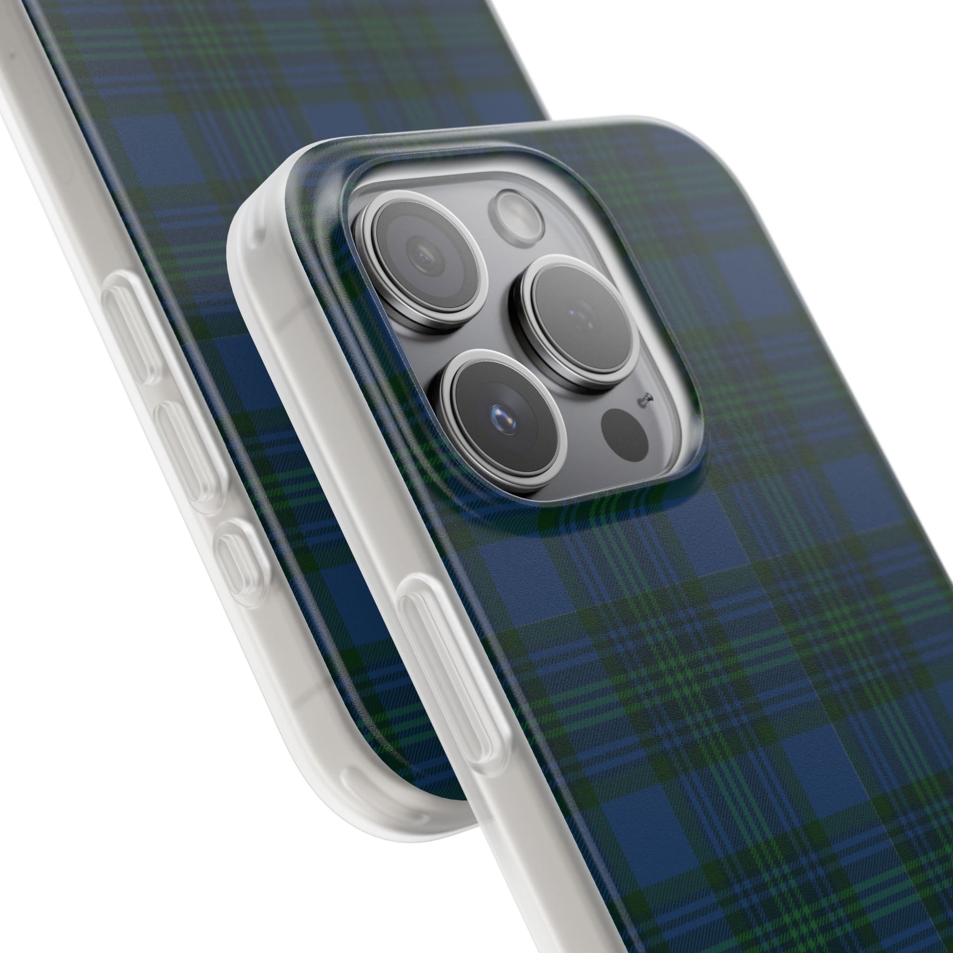 Navy green tartan phone case with flexible plaid design, slim shock-absorbing TPU, semi-transparent matte finish