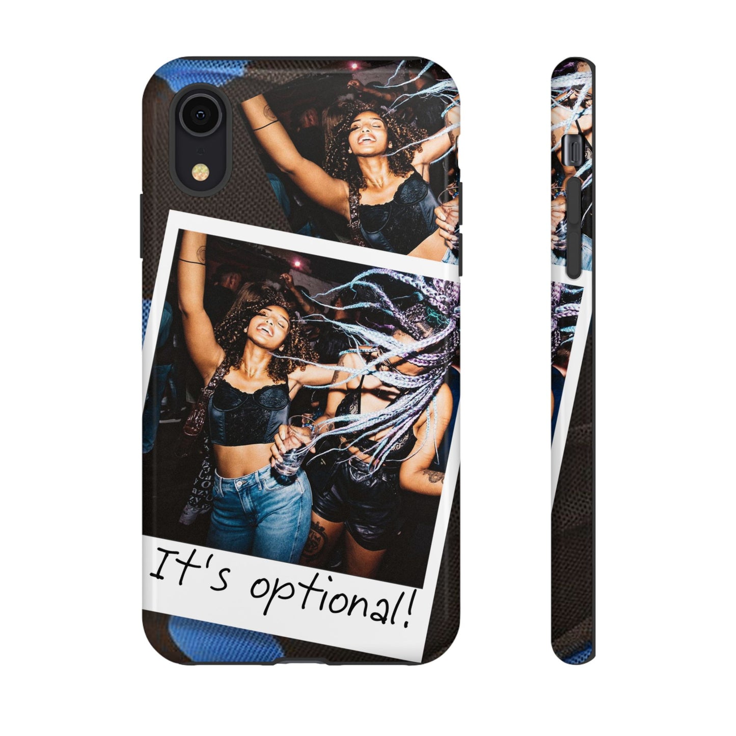 Two Image Personalised Polaroid Photo on Blue Polka Dot Protective Tough Case for Apple iPhone, Samsung Galaxy and Google Pixel.