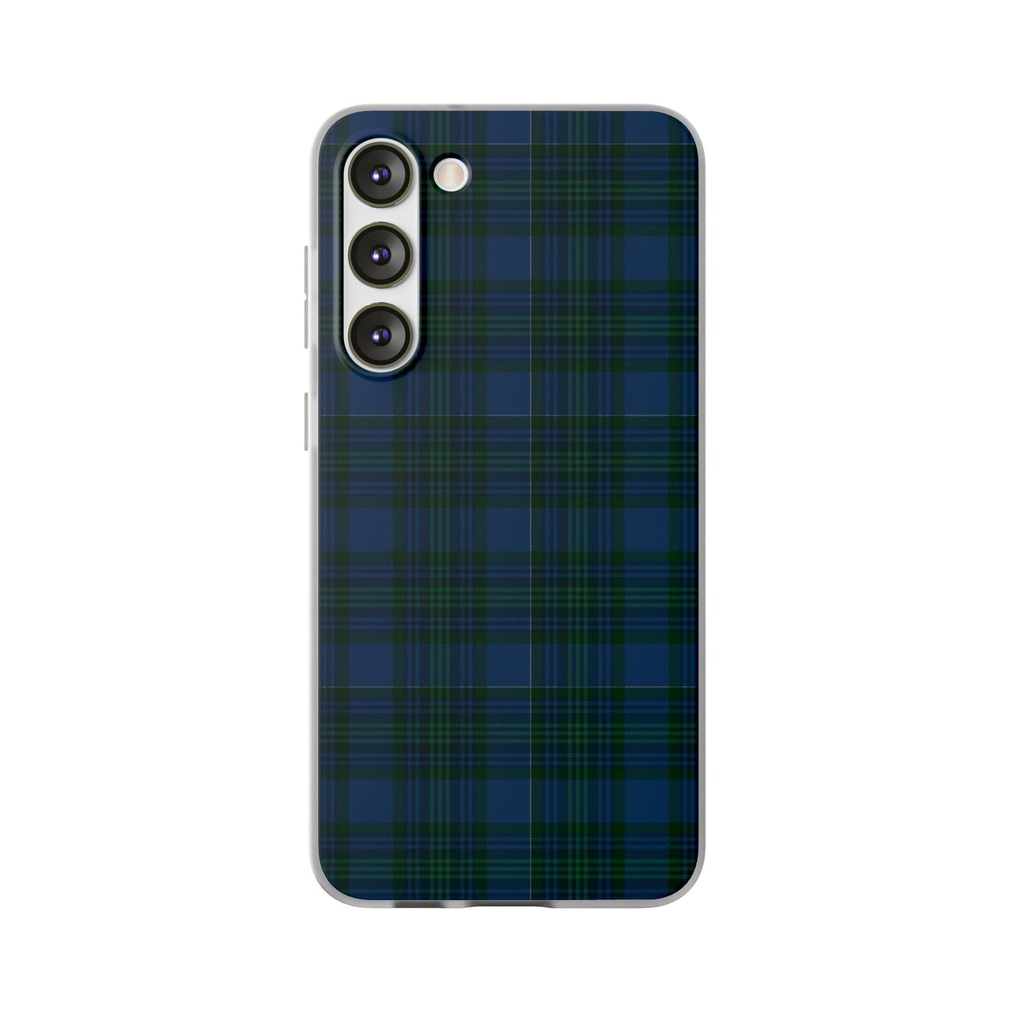Navy green tartan phone case with flexible plaid design, slim shock-absorbing TPU, semi-transparent matte finish