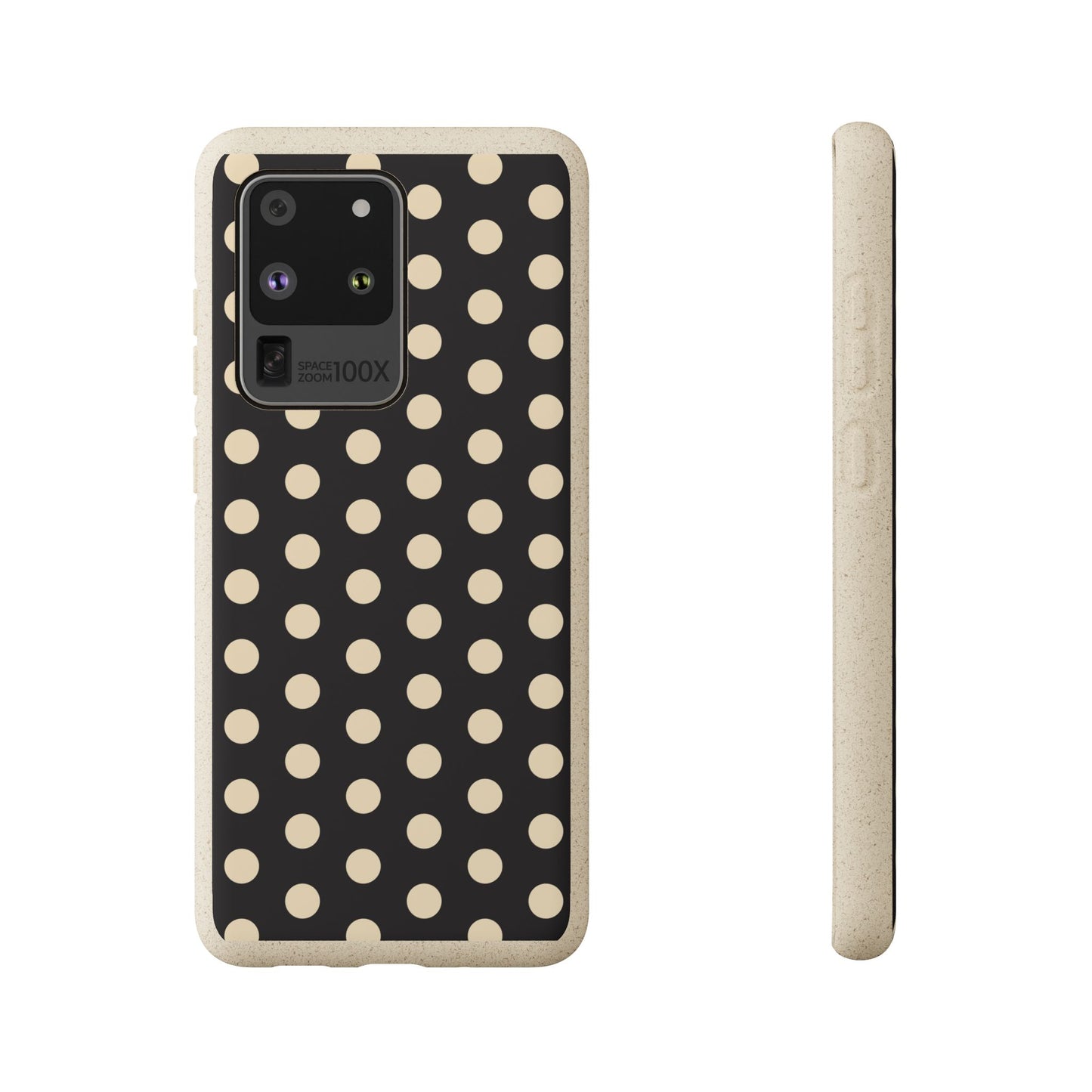 Eco-Friendly Black & Cream Polka Dot Pattern Biodegradable Phone Case for Apple iPhone and Samsung Galaxy.