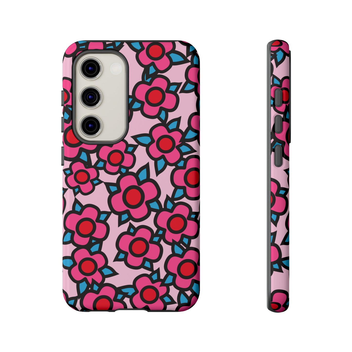 Floral Pink Tough Phone Case — Retro Red & Teal Flower Pattern