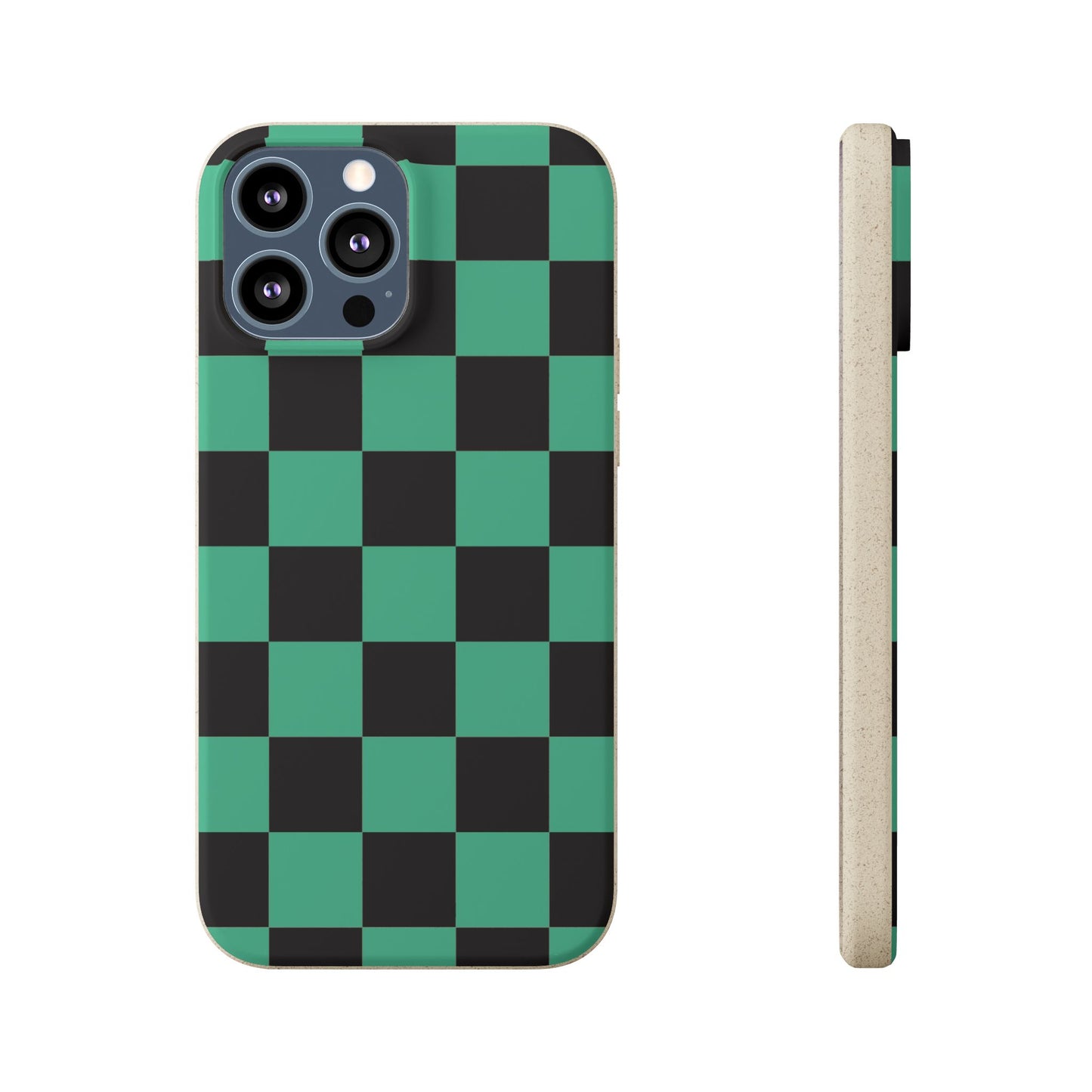 Biodegradable Checkerboard Phone Case — Green & Black Tanjiro Eco Smartphone Cover for Apple iPhone and Samsung Galaxy.