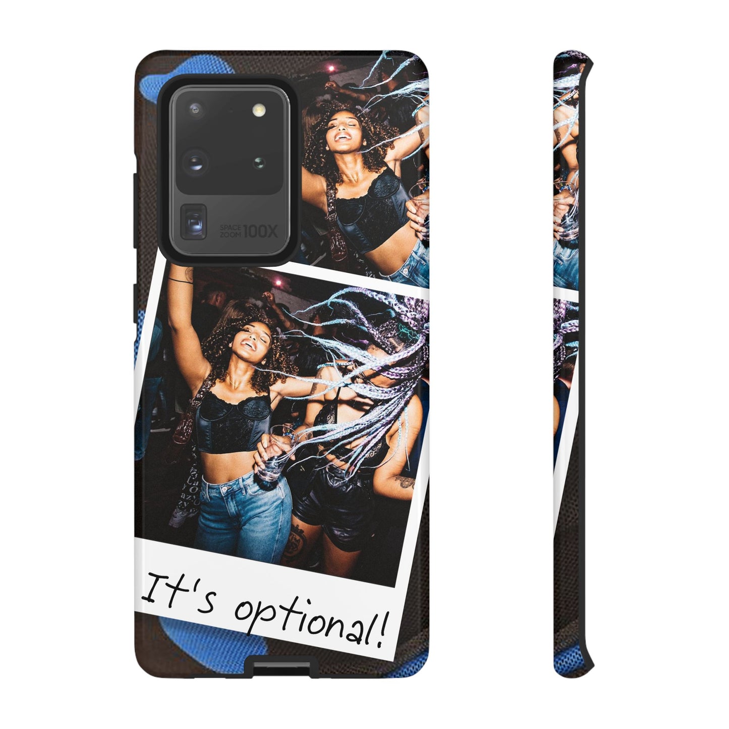 Two Image Personalised Polaroid Photo on Blue Polka Dot Protective Tough Case for Apple iPhone, Samsung Galaxy and Google Pixel.