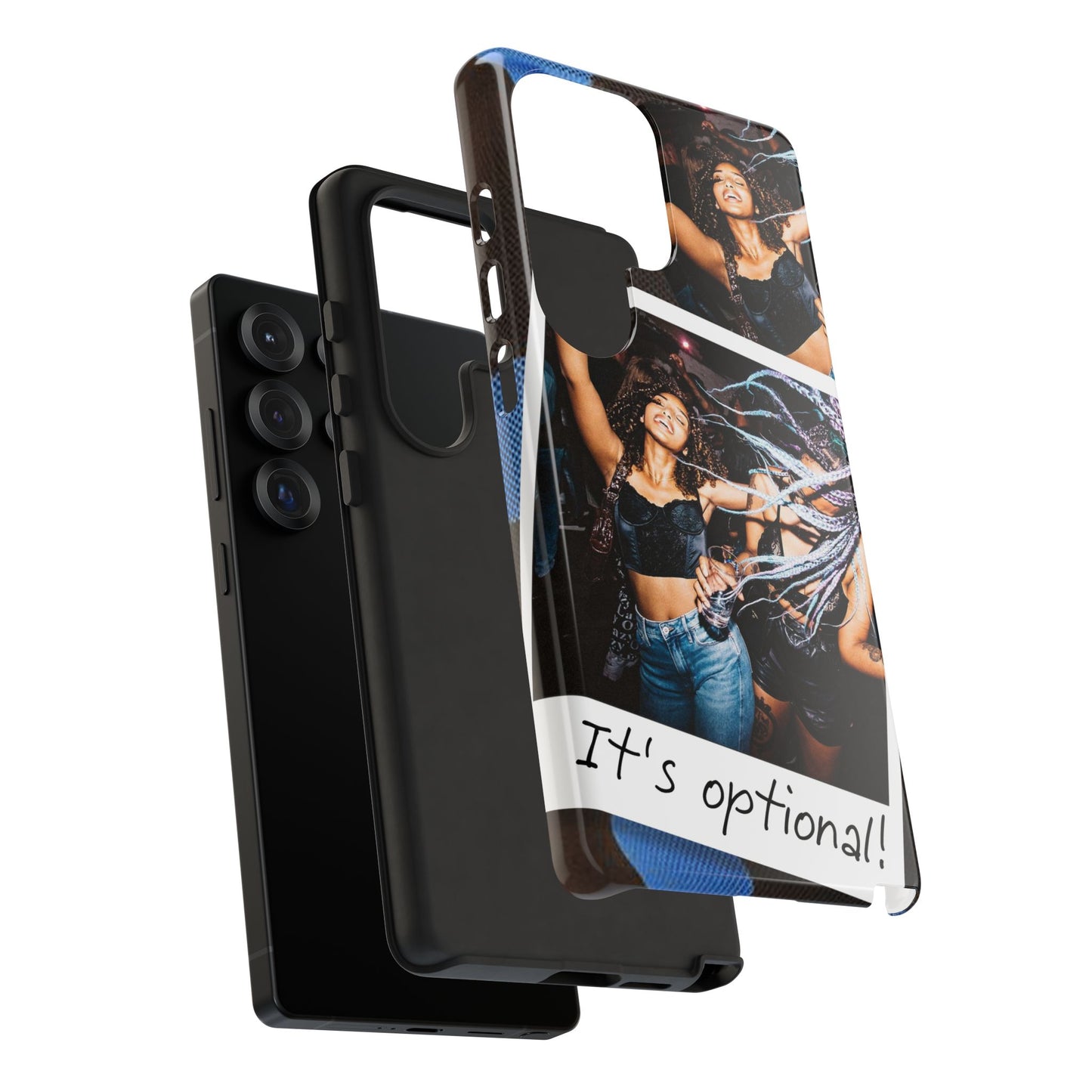 Two Image Personalised Polaroid Photo on Blue Polka Dot Protective Tough Case for Apple iPhone, Samsung Galaxy and Google Pixel.