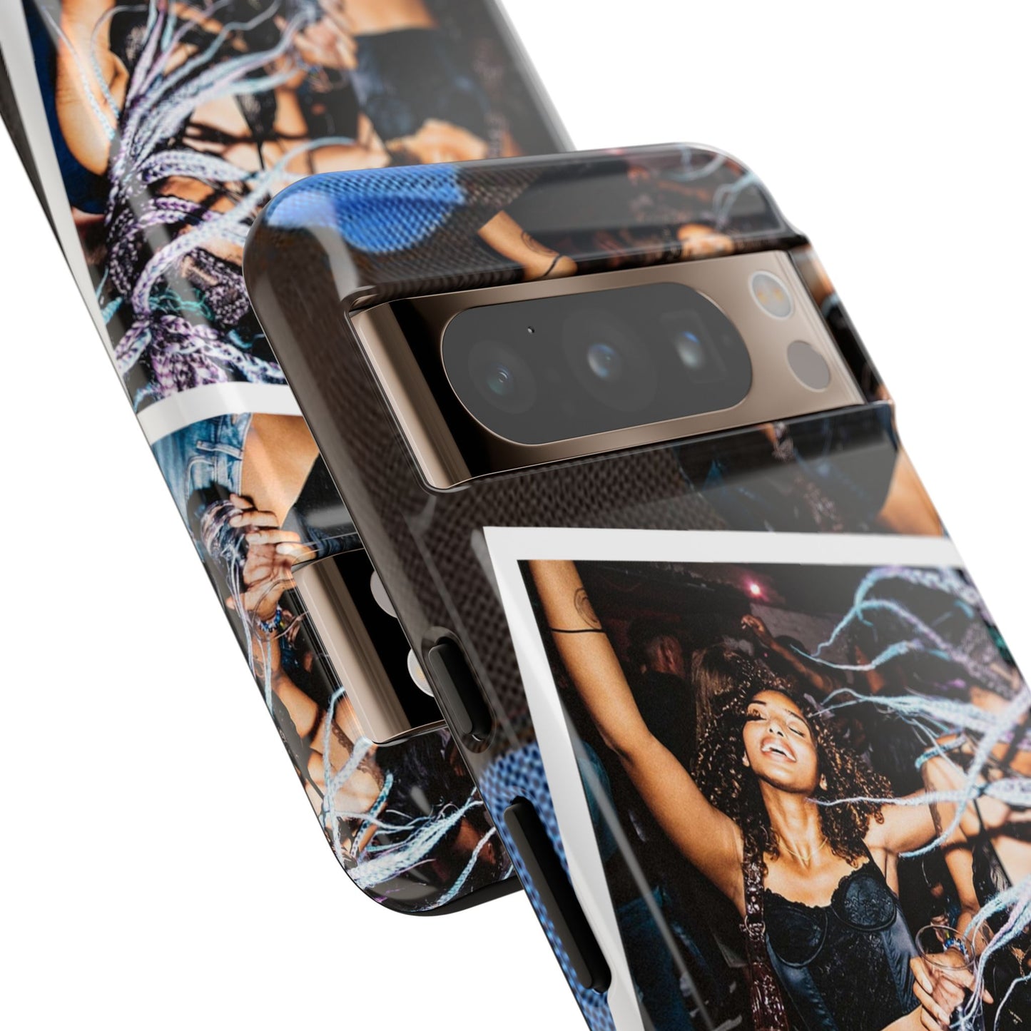 Two Image Personalised Polaroid Photo on Blue Polka Dot Protective Tough Case for Apple iPhone, Samsung Galaxy and Google Pixel.