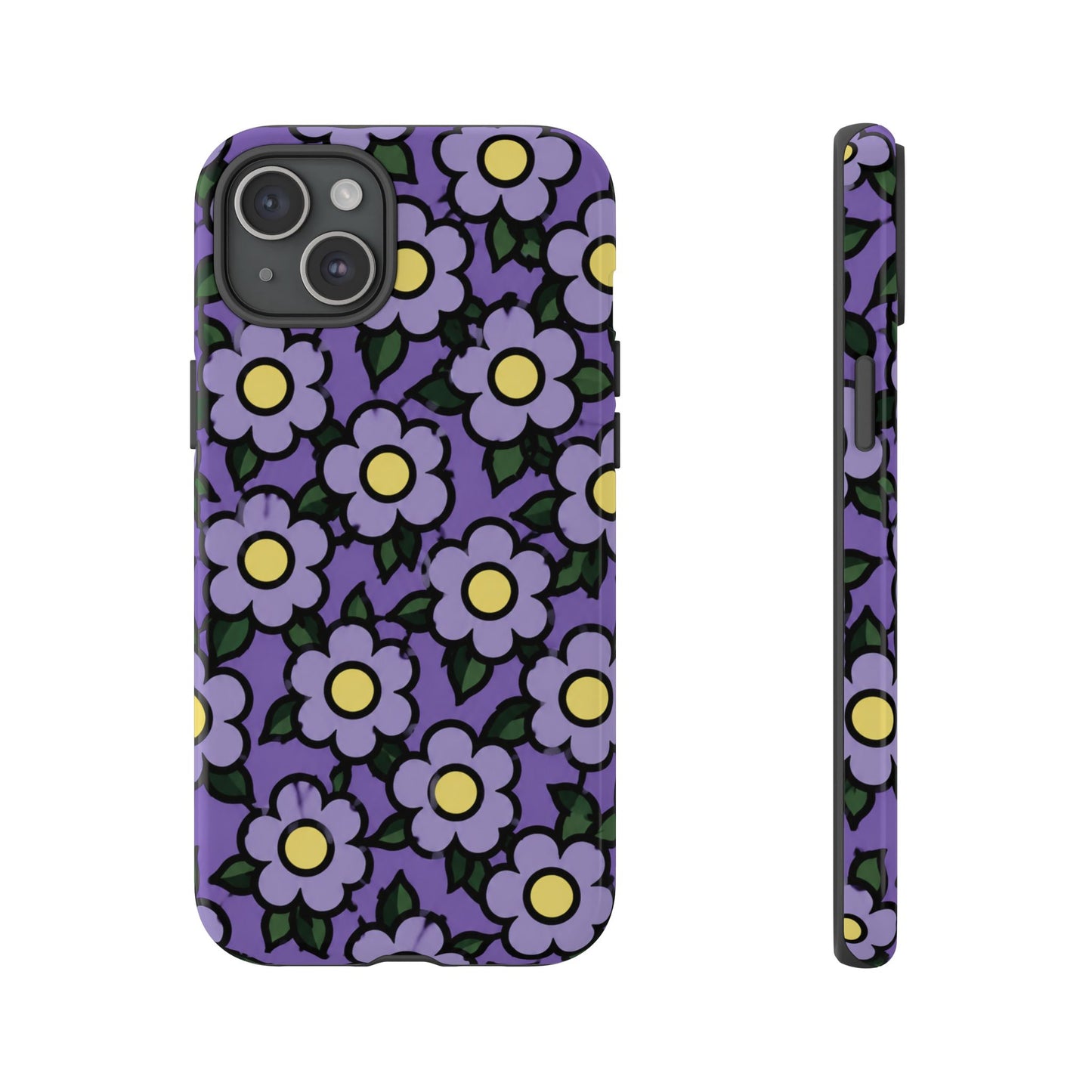 Purple Floral Tough Phone Case — Durable Protective Phone Cover with Cute Daisy Pattern