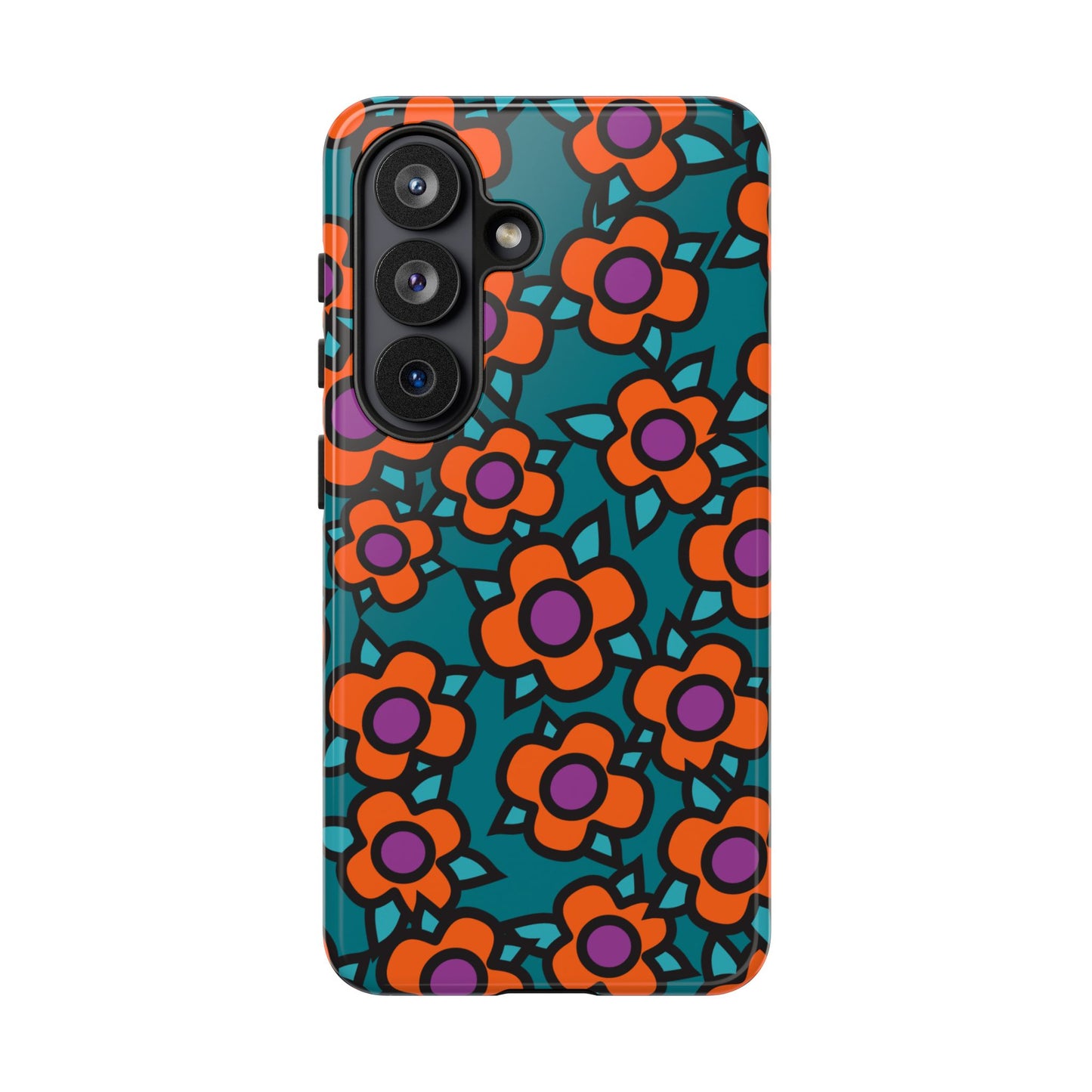 Floral Pop Tough Phone Case — Retro Orange & Teal Flower Pattern