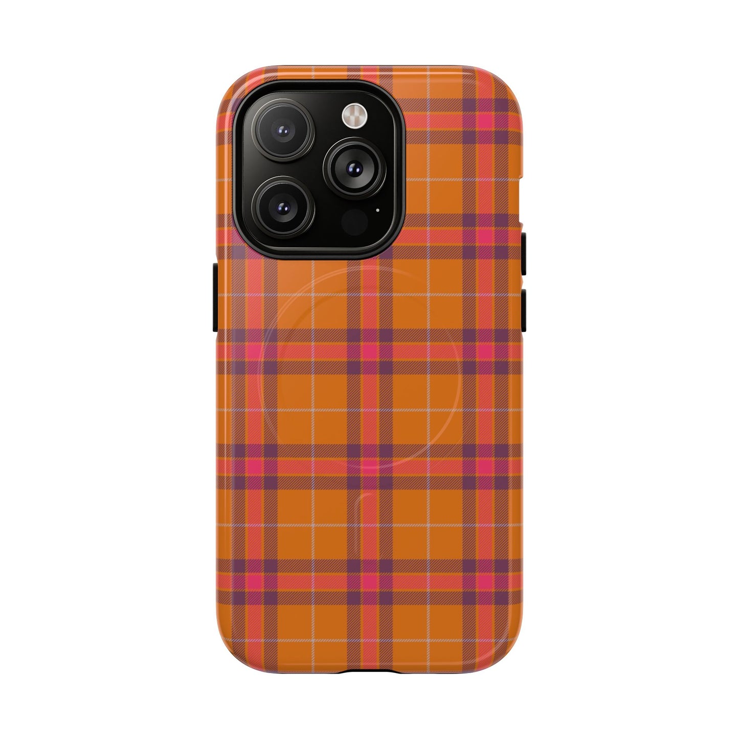Tartan Magnetic Phone Case — Orange and Red Plaid Tough Protective MagSafe Case