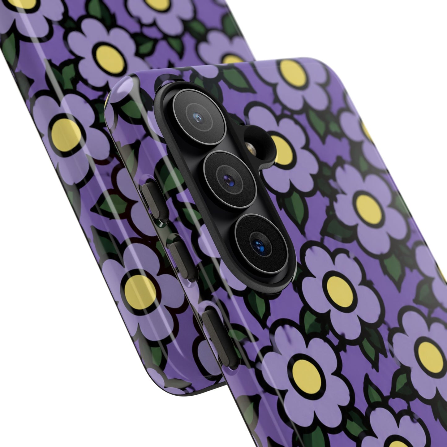 Purple Floral Tough Phone Case — Durable Protective Phone Cover with Cute Daisy Pattern