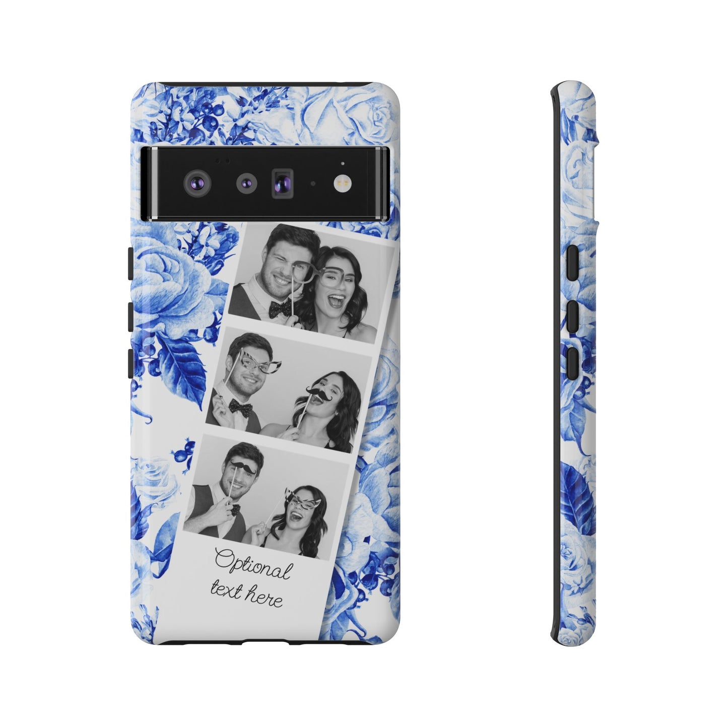 Three Photo Personalised Blue Floral Image Strip Custom Phone Case